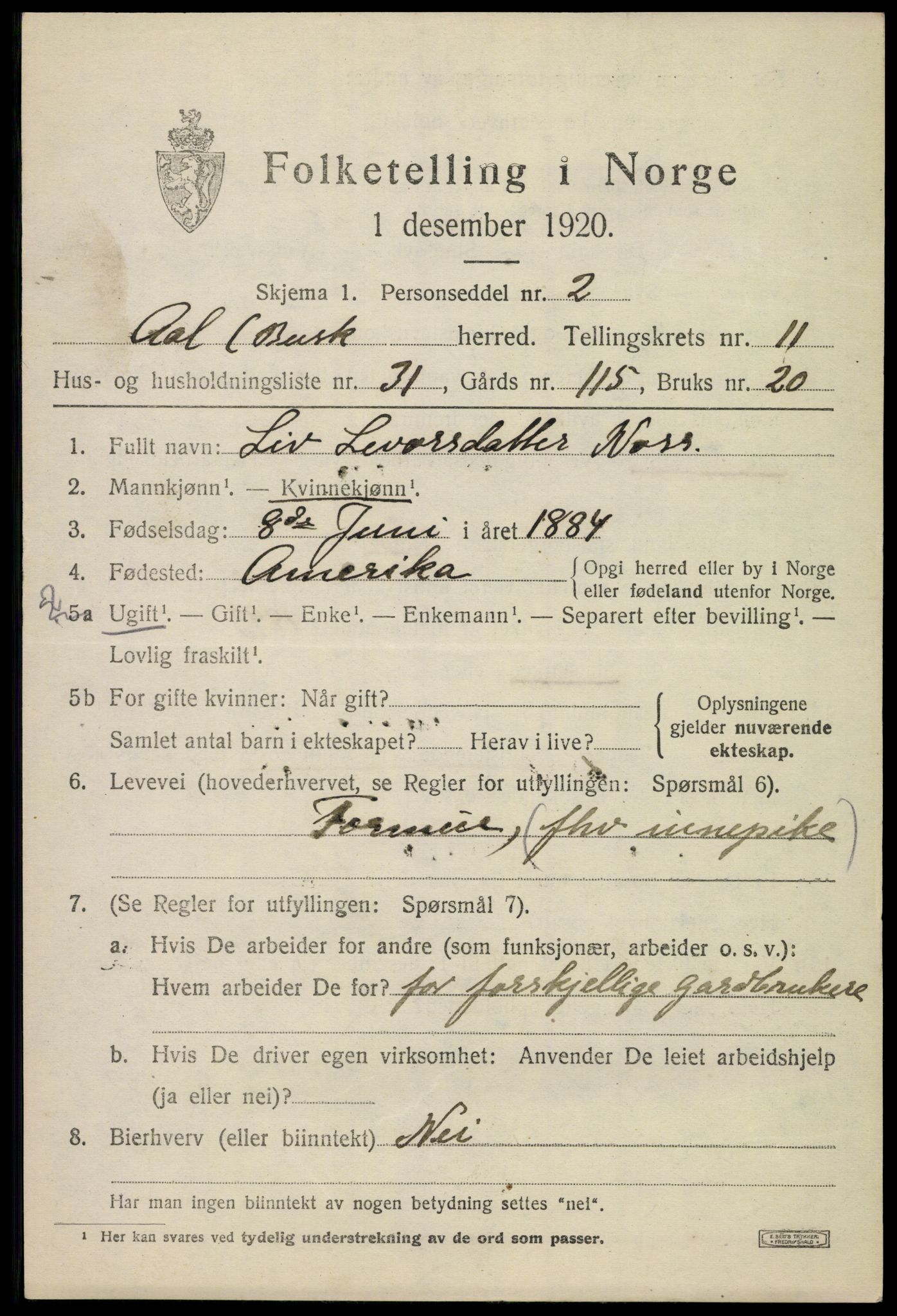 SAKO, 1920 census for Ål, 1920, p. 6578