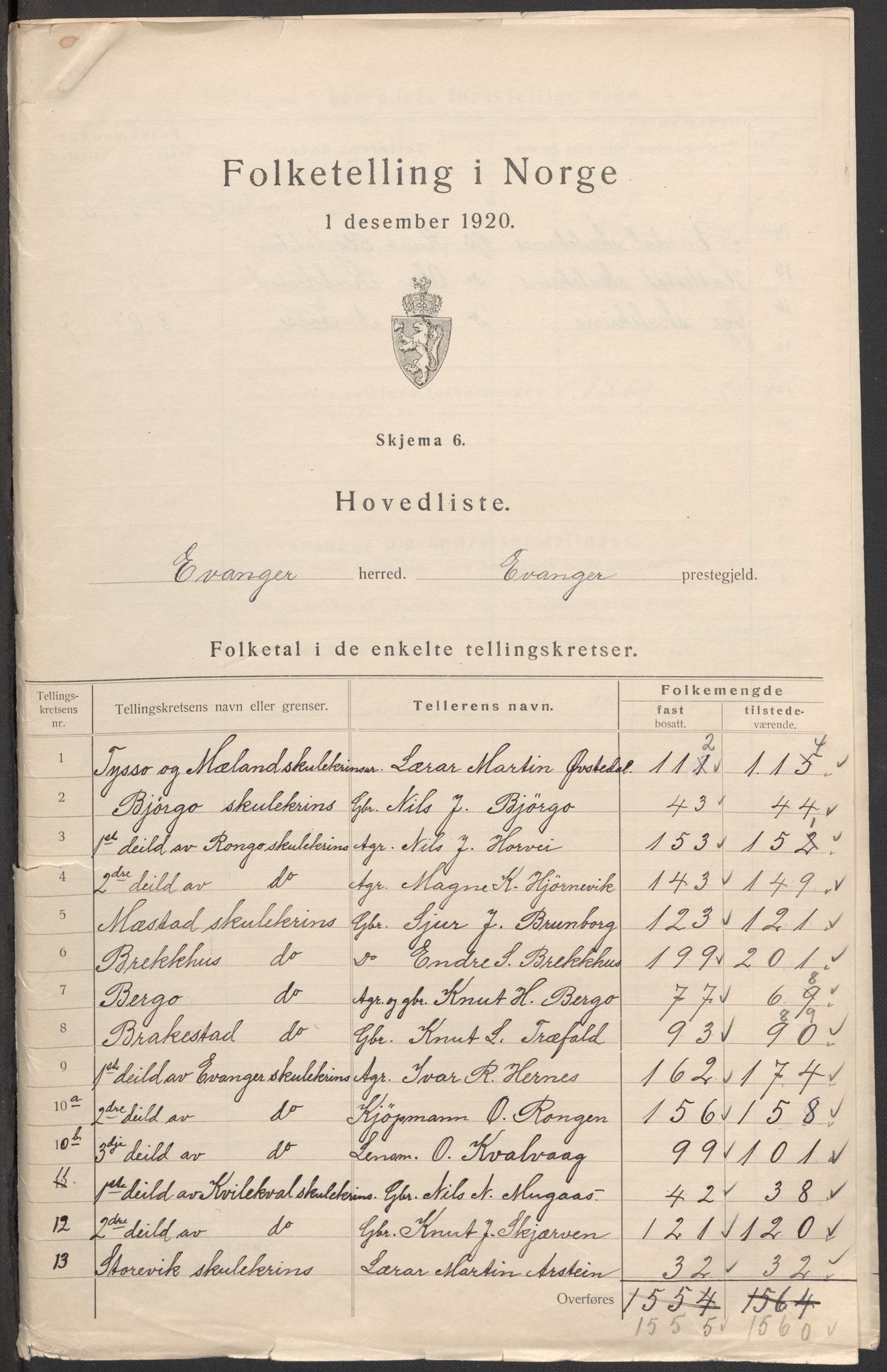 SAB, 1920 census for Evanger, 1920, p. 2