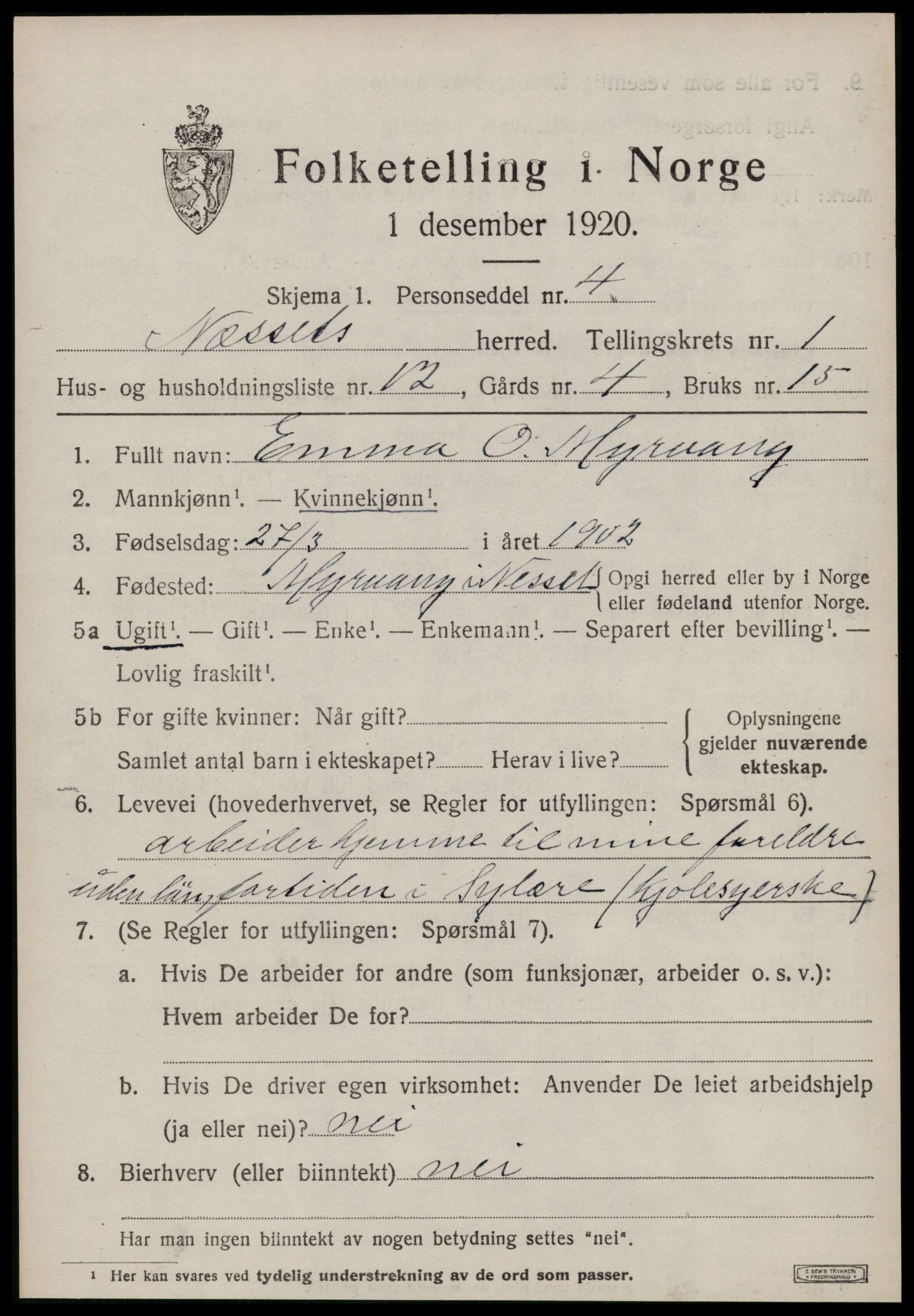 SAT, 1920 census for Nesset, 1920, p. 796