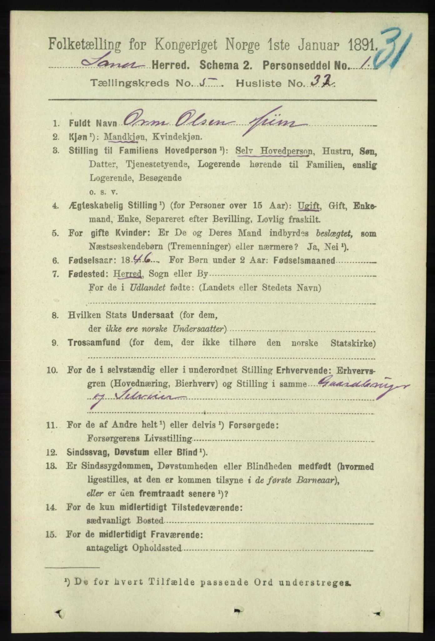 RA, 1891 census for 1136 Sand, 1891, p. 1707