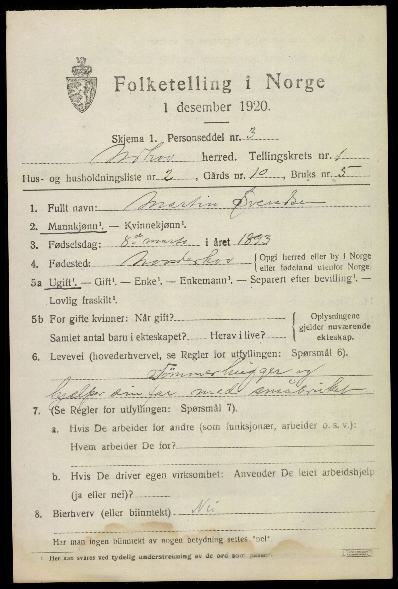 SAKO, 1920 census for Norderhov, 1920, p. 3616