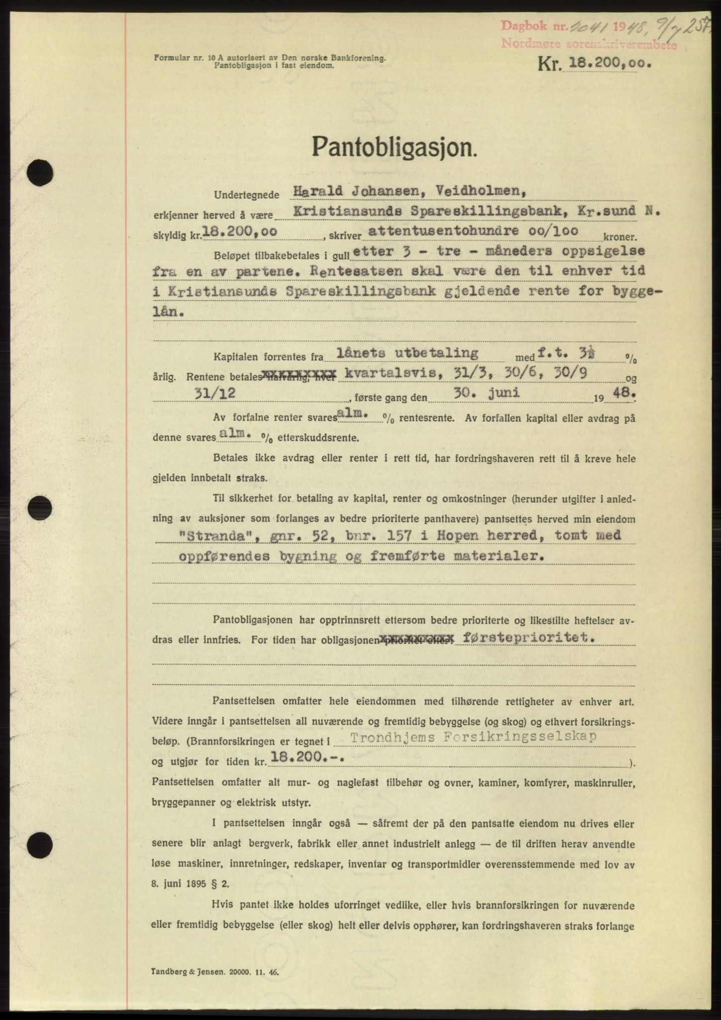 Nordmøre sorenskriveri, AV/SAT-A-4132/1/2/2Ca: Mortgage book no. B99, 1948-1948, Diary no: : 2041/1948