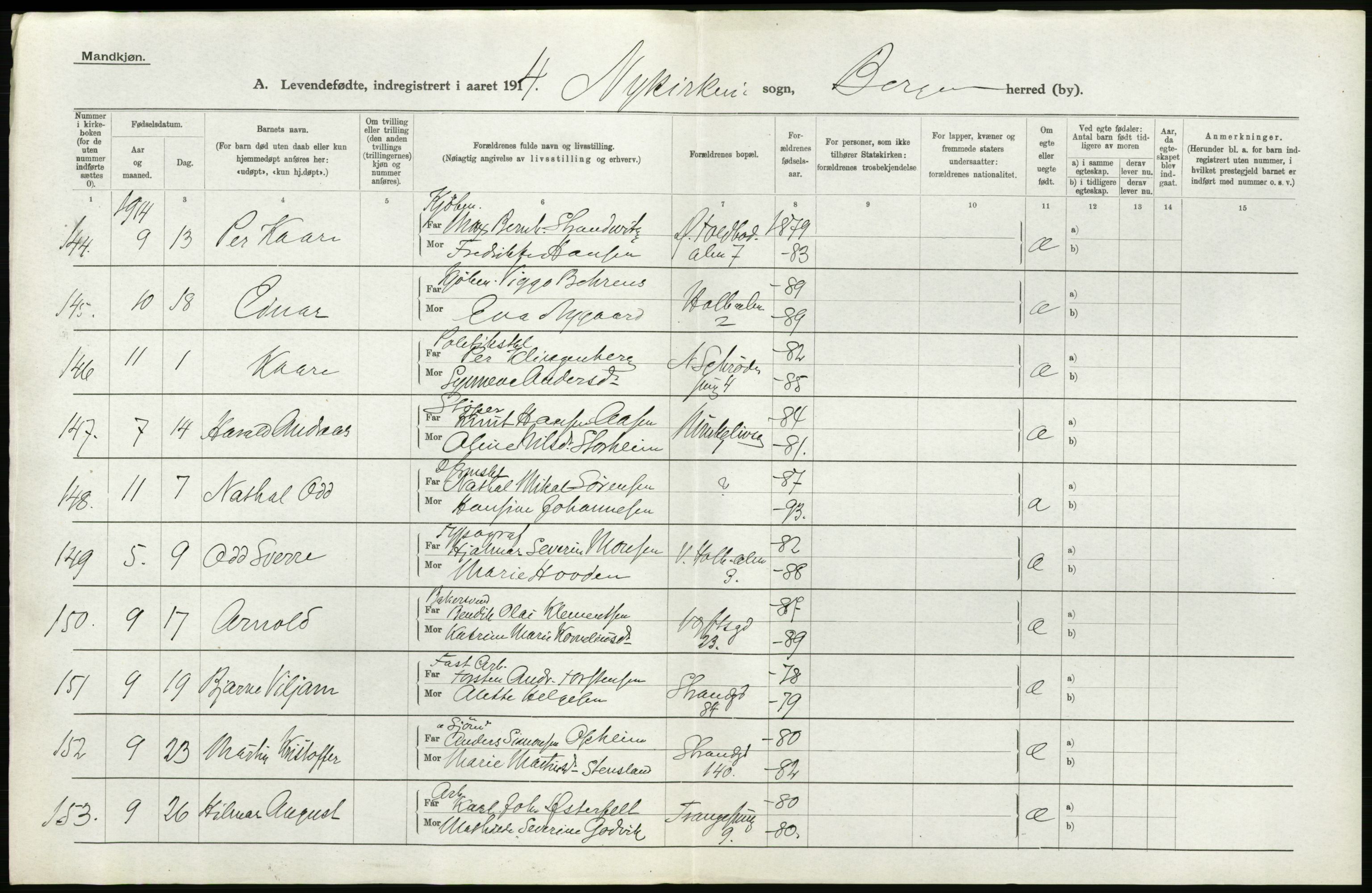 Statistisk sentralbyrå, Sosiodemografiske emner, Befolkning, AV/RA-S-2228/D/Df/Dfb/Dfbd/L0030: Bergen: Levendefødte menn og kvinner., 1914, p. 34