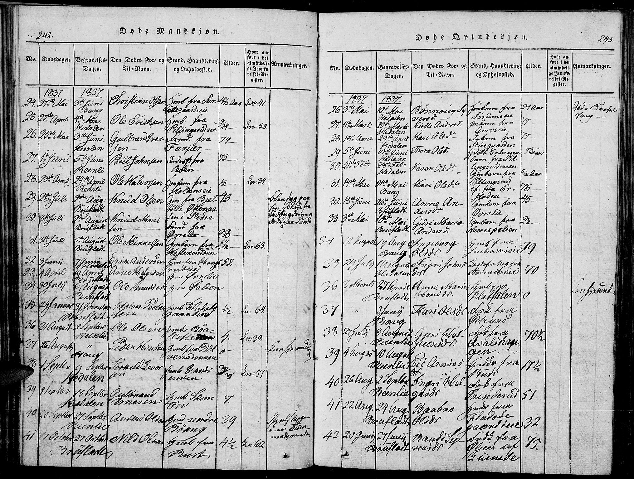 Sør-Aurdal prestekontor, SAH/PREST-128/H/Ha/Haa/L0003: Parish register (official) no. 3, 1825-1840, p. 242-243