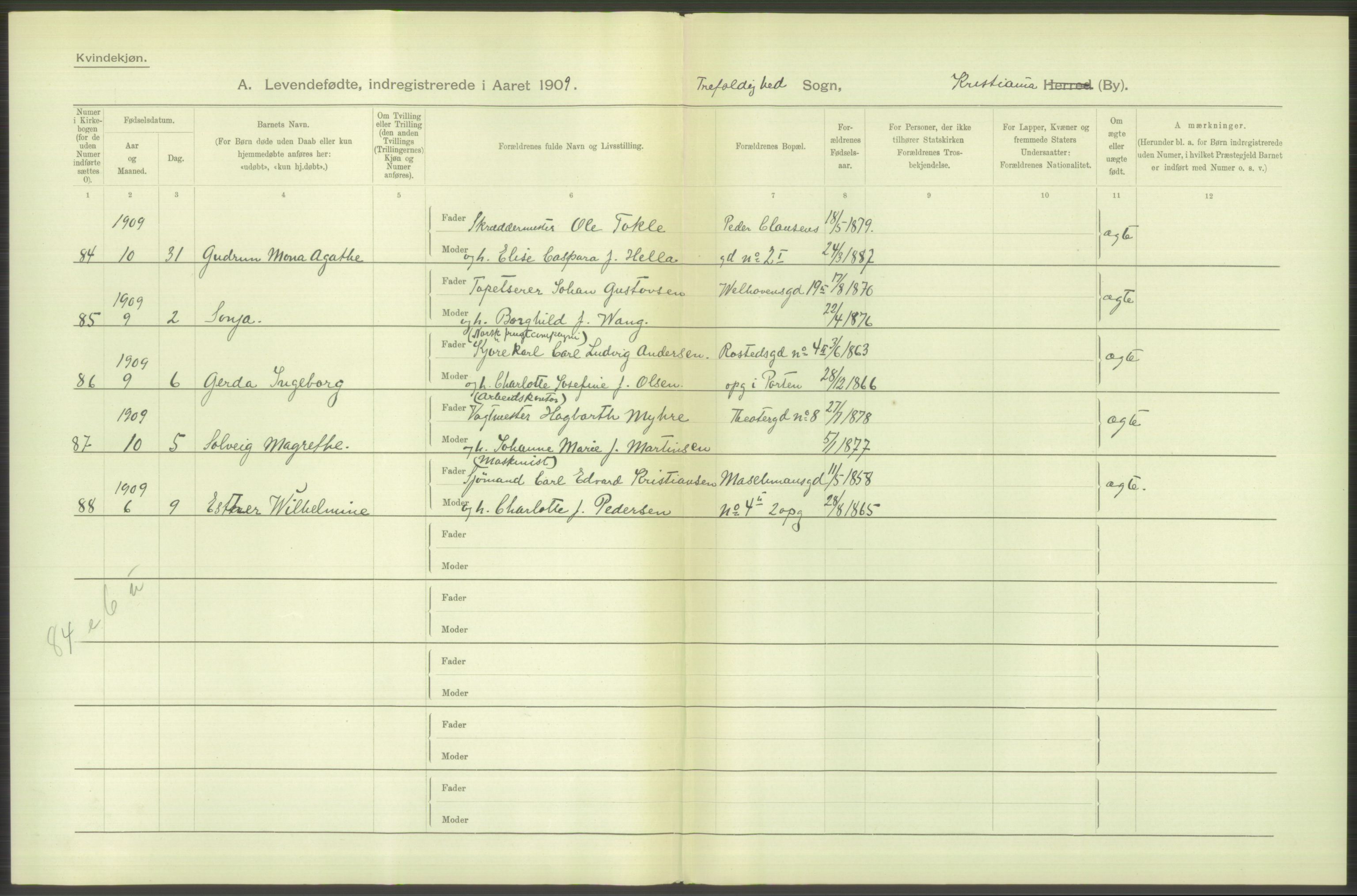 Statistisk sentralbyrå, Sosiodemografiske emner, Befolkning, AV/RA-S-2228/D/Df/Dfa/Dfag/L0007: Kristiania: Levendefødte menn og kvinner., 1909, p. 748