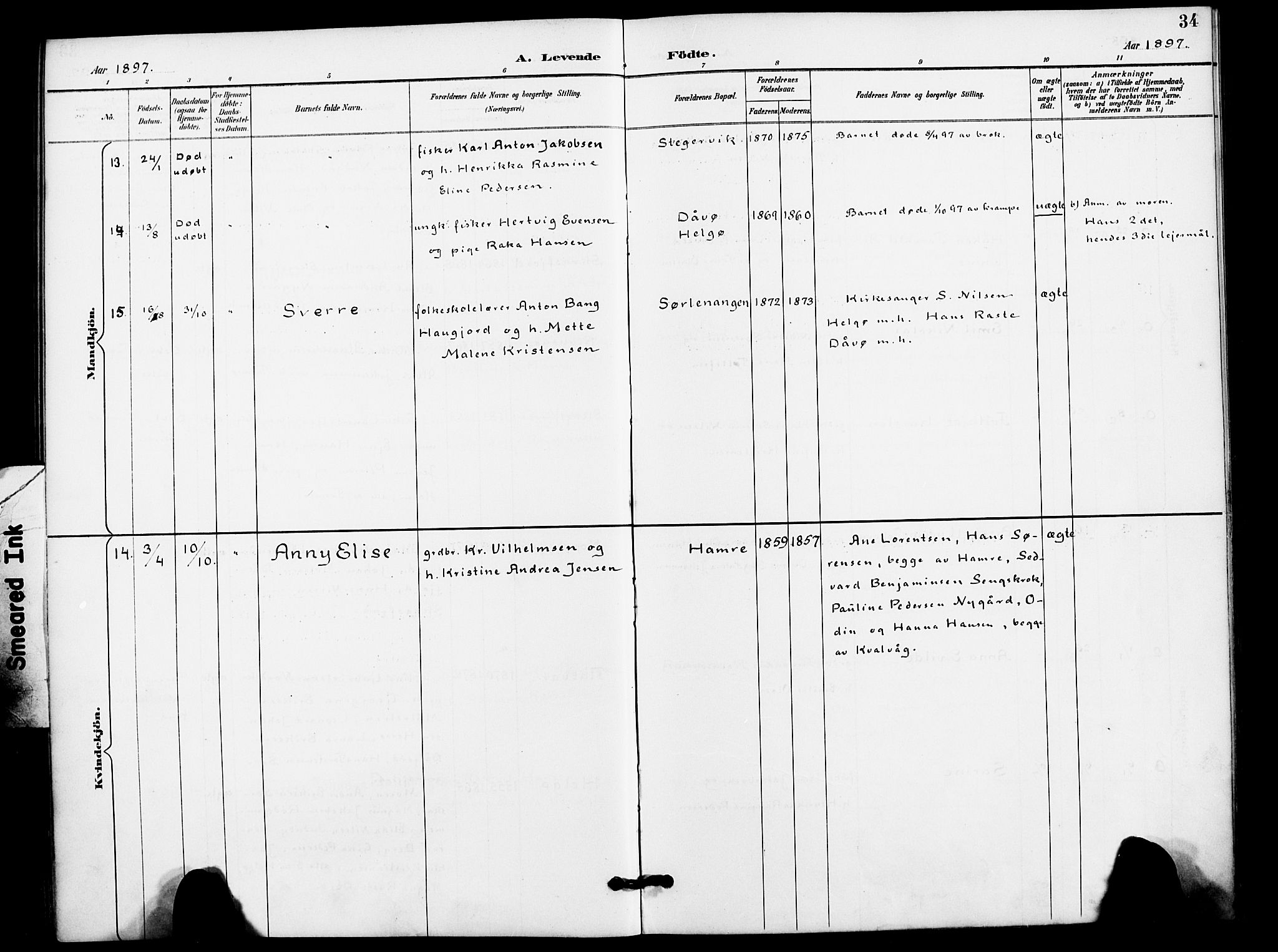 Karlsøy sokneprestembete, AV/SATØ-S-1299/H/Ha/Haa/L0012kirke: Parish register (official) no. 12, 1892-1902, p. 34