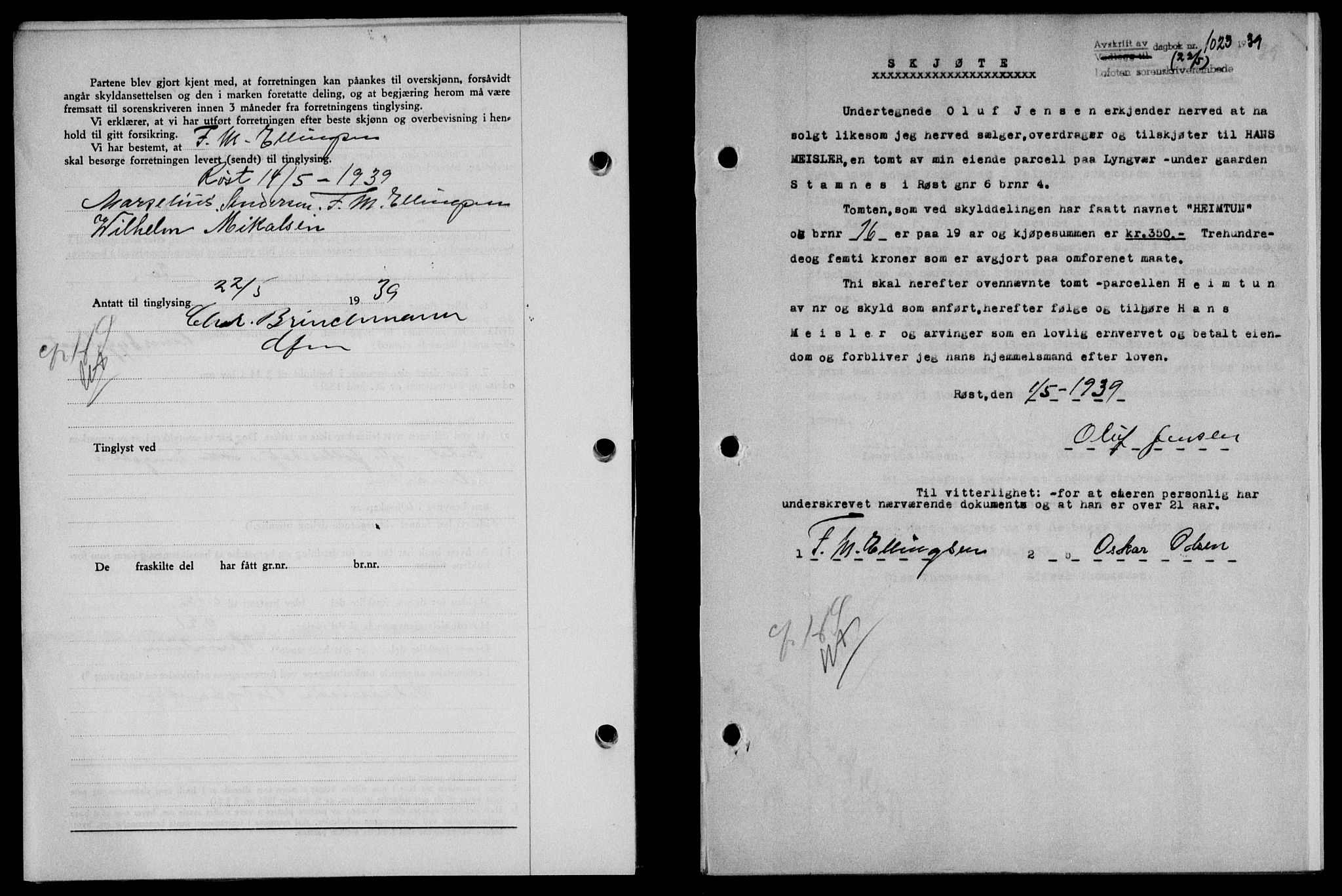 Lofoten sorenskriveri, SAT/A-0017/1/2/2C/L0005a: Mortgage book no. 5a, 1939-1939, Diary no: : 1023/1939