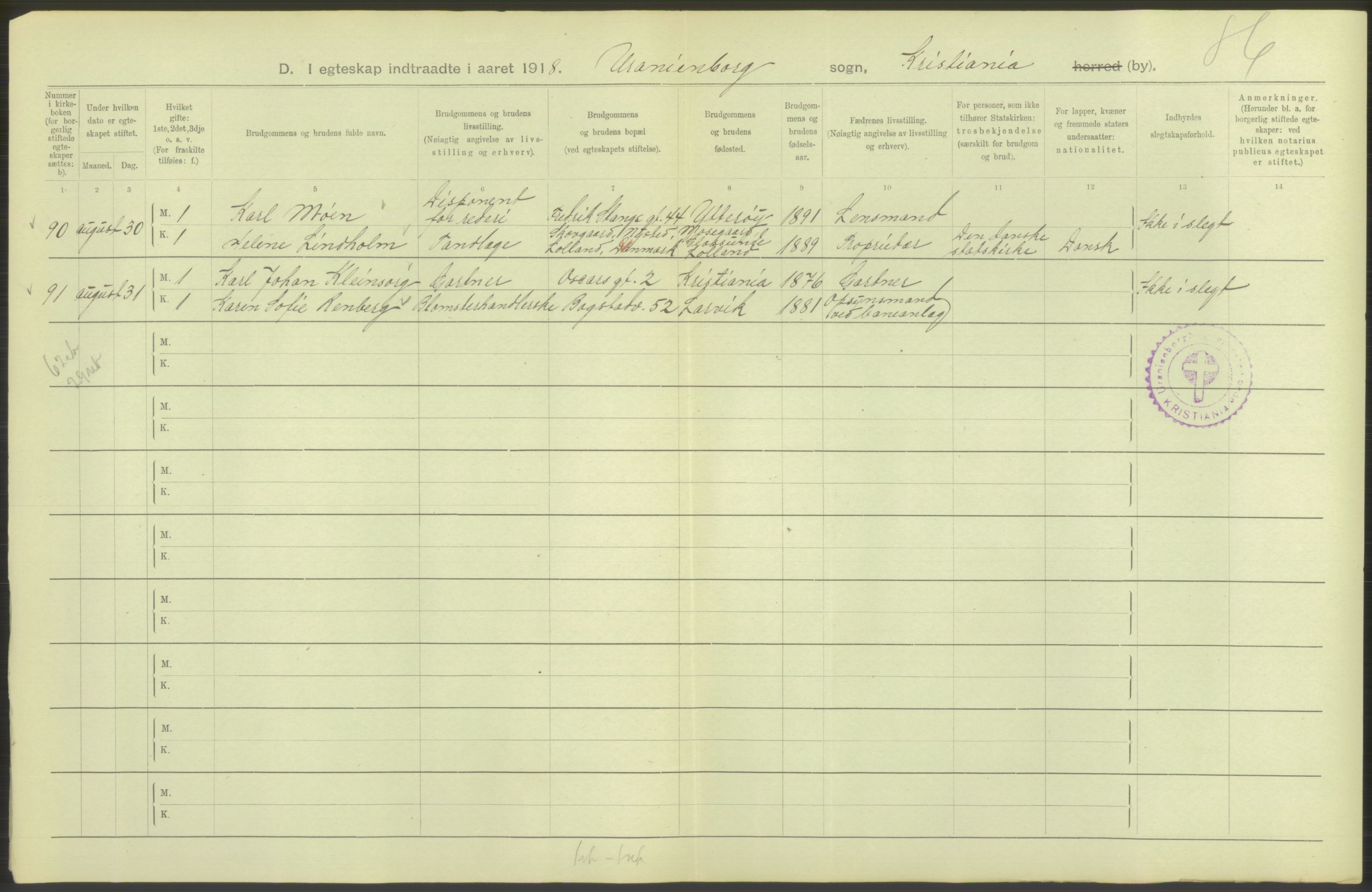 Statistisk sentralbyrå, Sosiodemografiske emner, Befolkning, AV/RA-S-2228/D/Df/Dfb/Dfbh/L0009: Kristiania: Gifte, 1918, p. 26