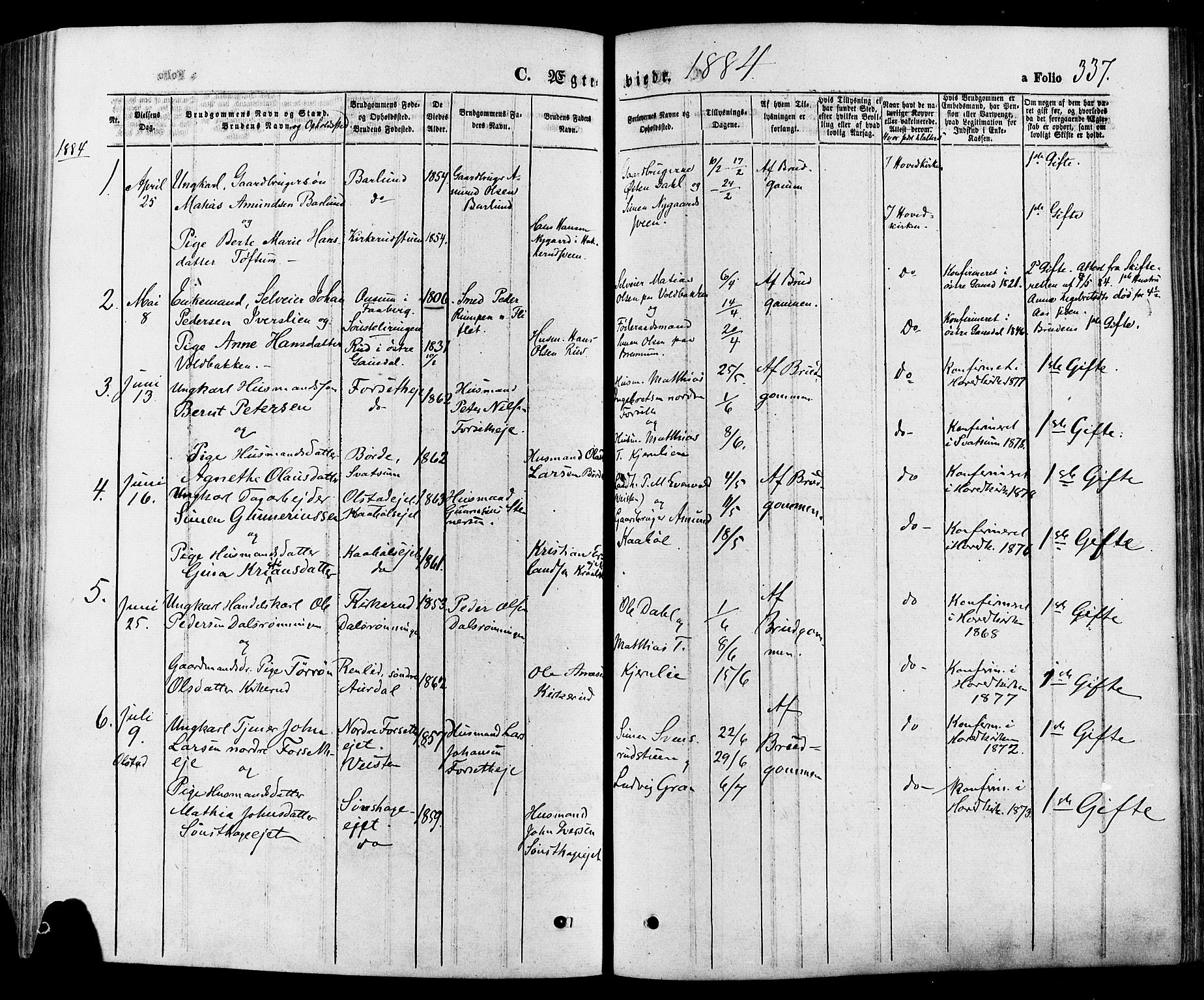 Gausdal prestekontor, SAH/PREST-090/H/Ha/Haa/L0010: Parish register (official) no. 10, 1867-1886, p. 337