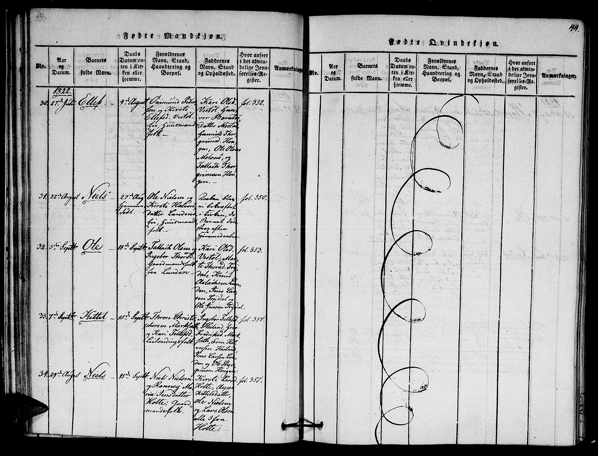 Gjerstad sokneprestkontor, AV/SAK-1111-0014/F/Fa/Faa/L0004: Parish register (official) no. A 4, 1816-1829, p. 44