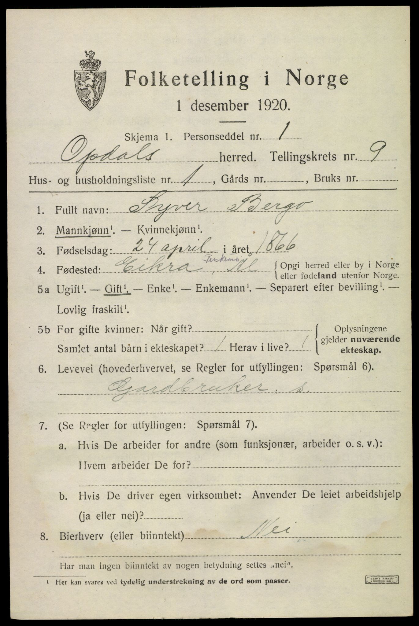 SAKO, 1920 census for Uvdal, 1920, p. 3429