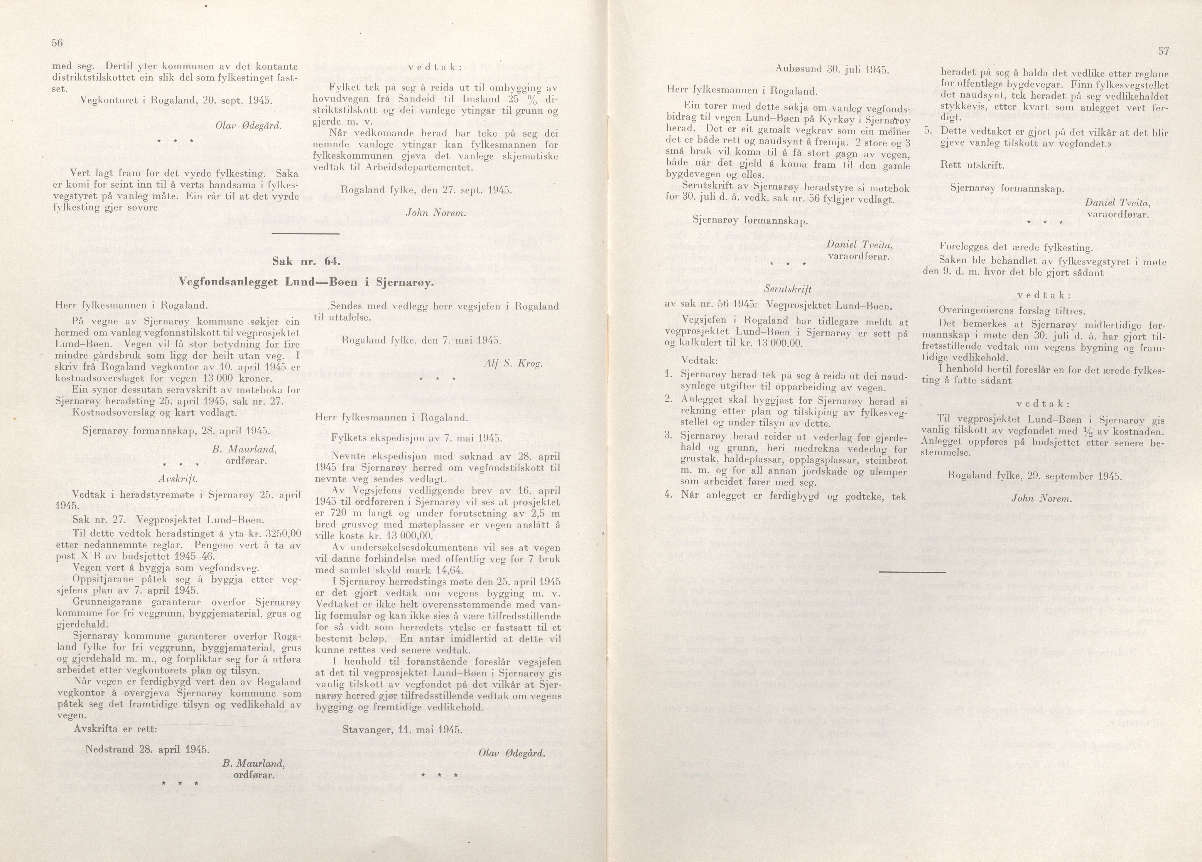 Rogaland fylkeskommune - Fylkesrådmannen , IKAR/A-900/A/Aa/Aaa/L0064: Møtebok , 1945, p. 56-57