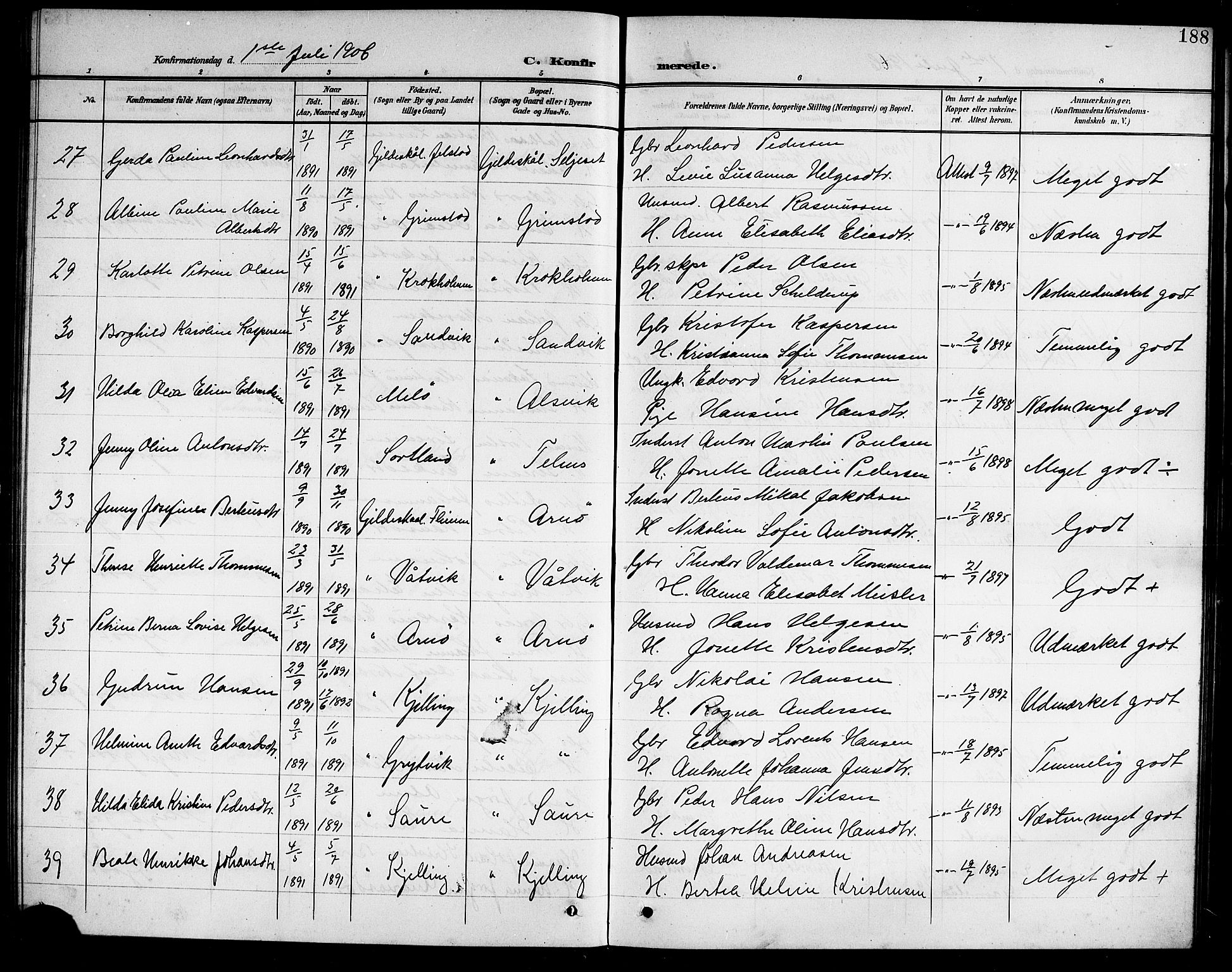 Ministerialprotokoller, klokkerbøker og fødselsregistre - Nordland, AV/SAT-A-1459/805/L0109: Parish register (copy) no. 805C05, 1900-1911, p. 188