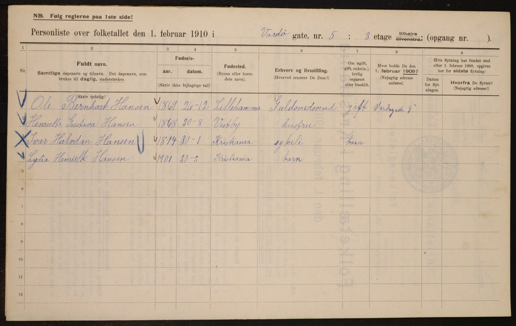 OBA, Municipal Census 1910 for Kristiania, 1910, p. 115564