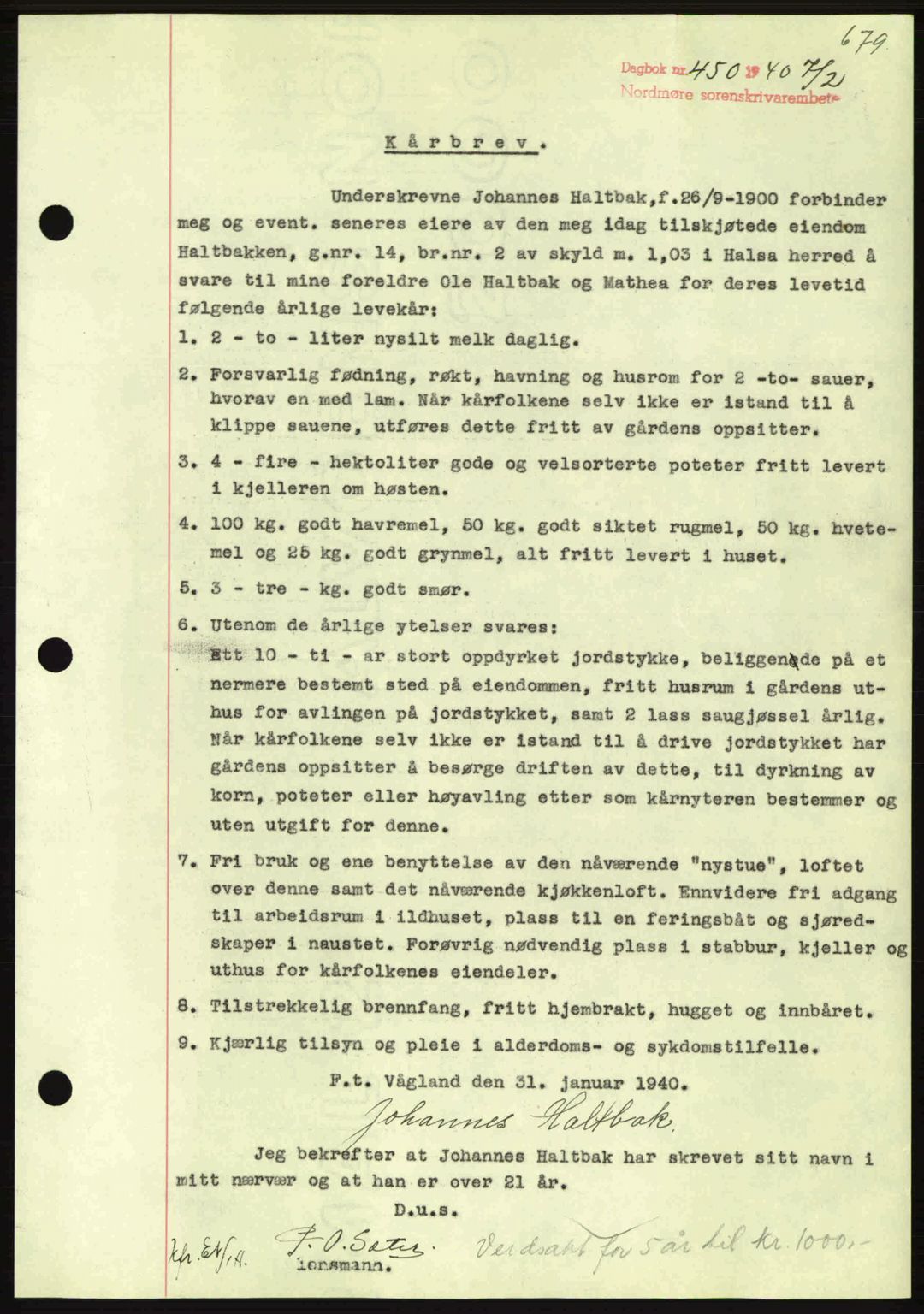 Nordmøre sorenskriveri, AV/SAT-A-4132/1/2/2Ca: Mortgage book no. B86, 1939-1940, Diary no: : 450/1940