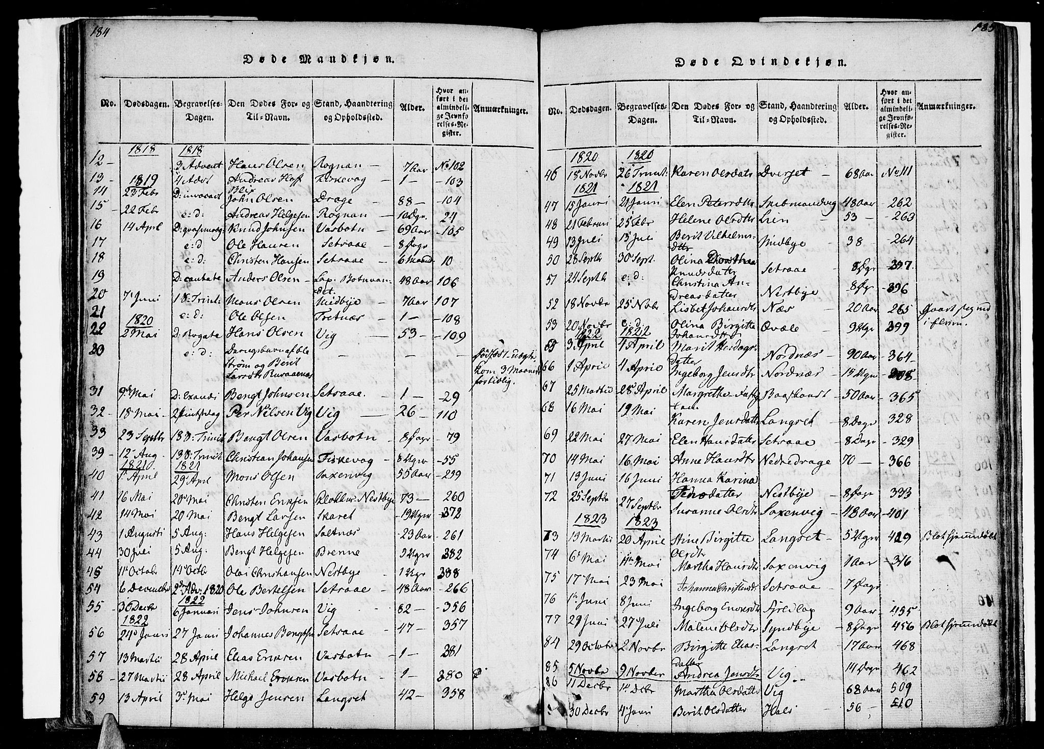 Ministerialprotokoller, klokkerbøker og fødselsregistre - Nordland, SAT/A-1459/847/L0665: Parish register (official) no. 847A05, 1818-1841, p. 184-185