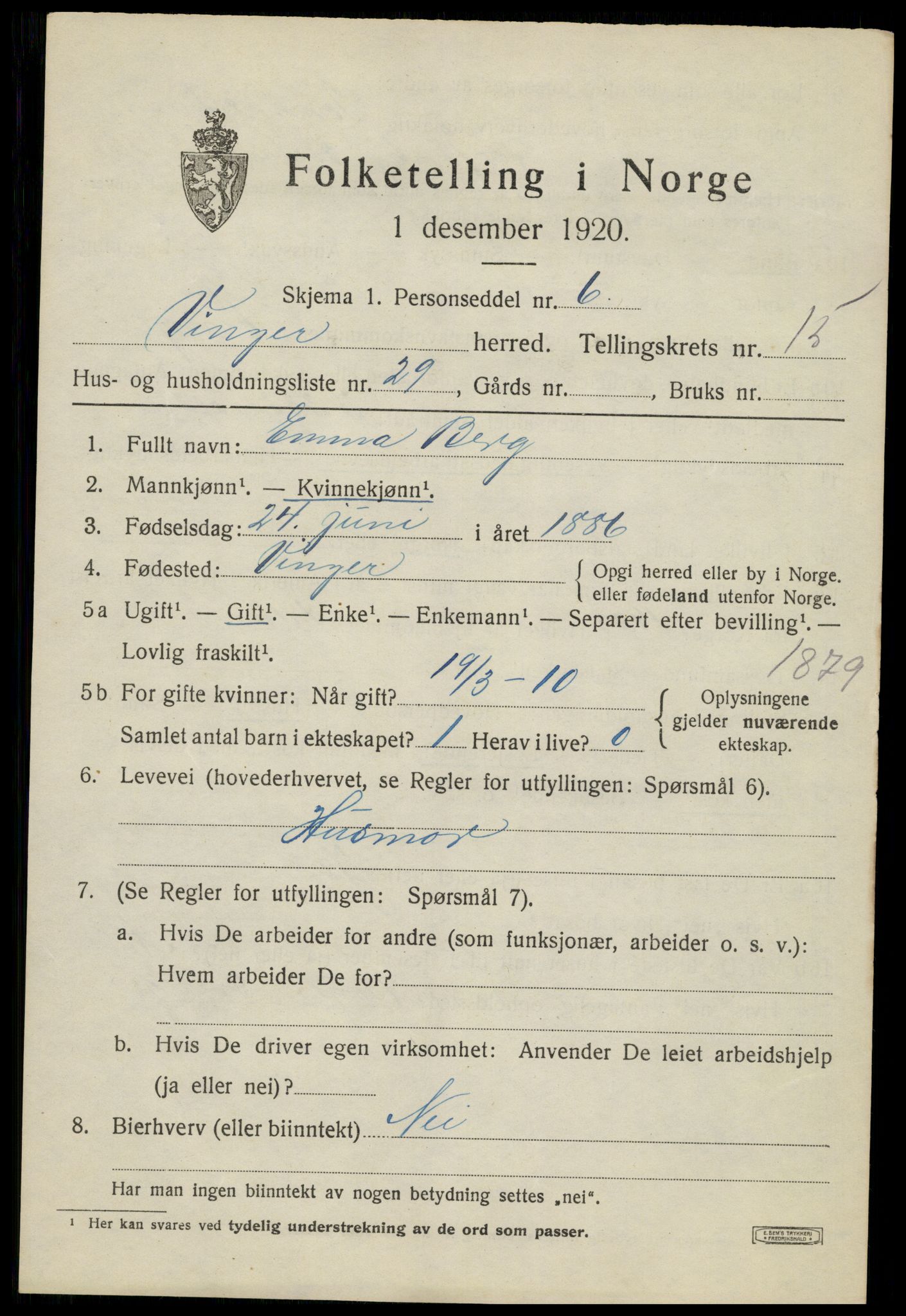 SAH, 1920 census for Vinger, 1920, p. 12040