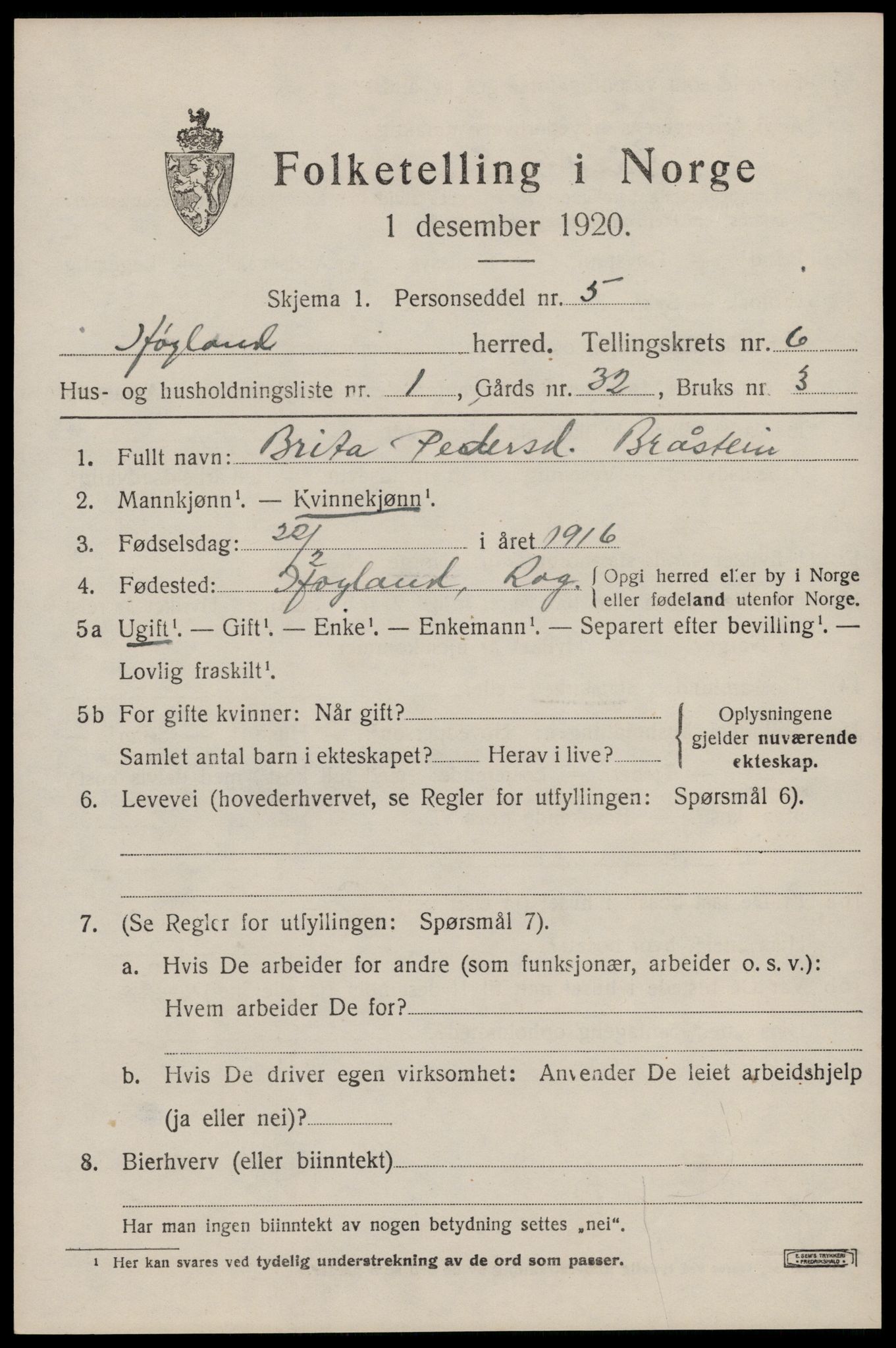 SAST, 1920 census for Høyland, 1920, p. 4272