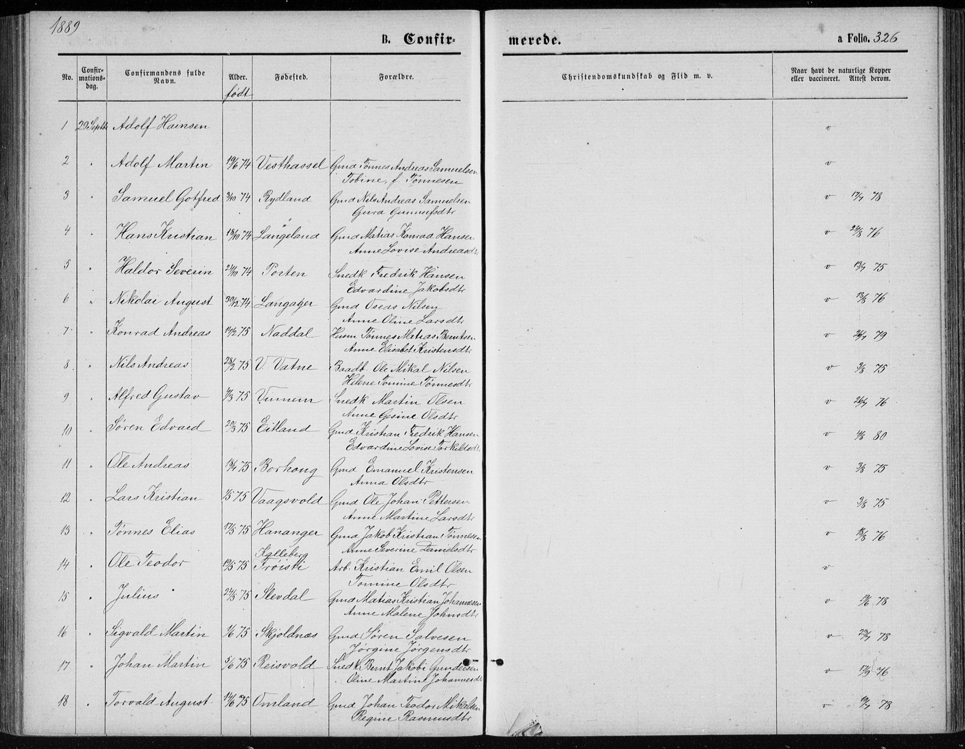 Lista sokneprestkontor, AV/SAK-1111-0027/F/Fb/L0004: Parish register (copy) no. B 4, 1877-1891, p. 326