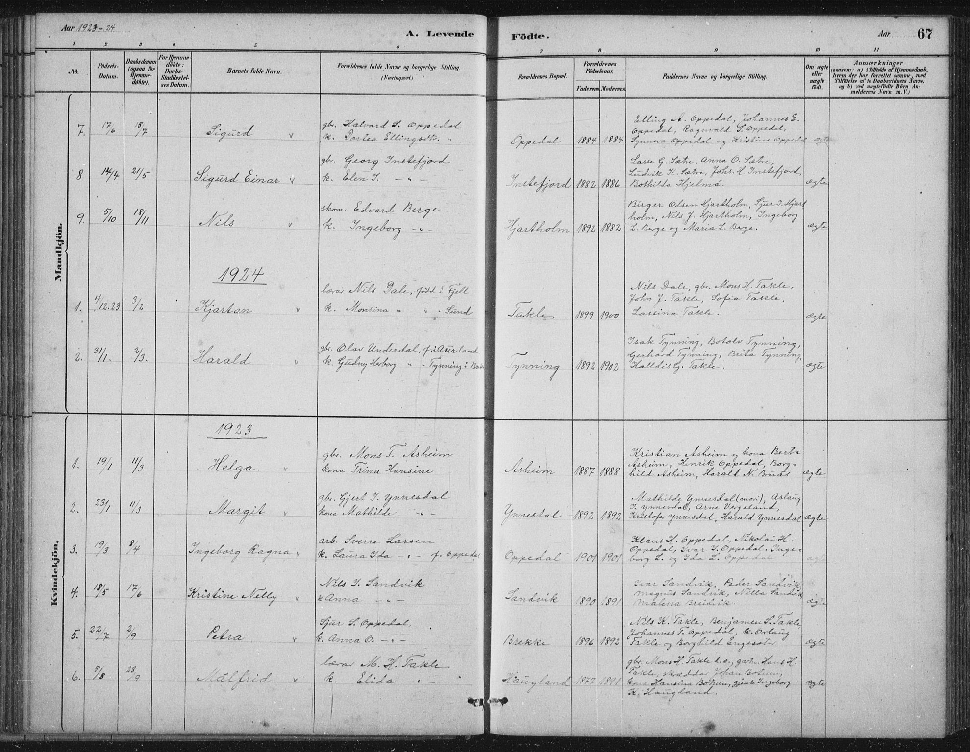 Gulen sokneprestembete, SAB/A-80201/H/Hab/Habc/L0002: Parish register (copy) no. C 2, 1880-1938, p. 67