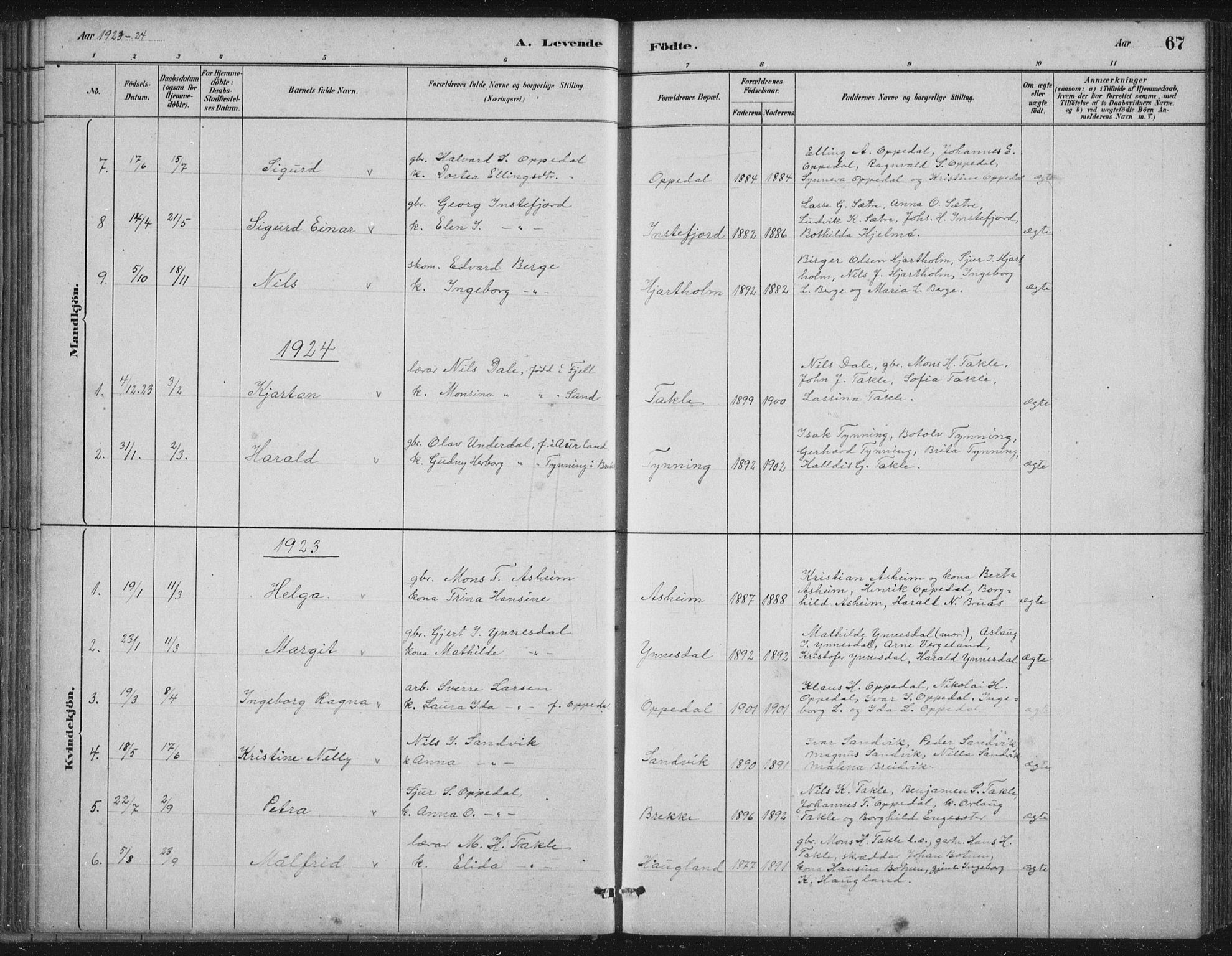 Gulen sokneprestembete, AV/SAB-A-80201/H/Hab/Habc/L0002: Parish register (copy) no. C 2, 1880-1938, p. 67