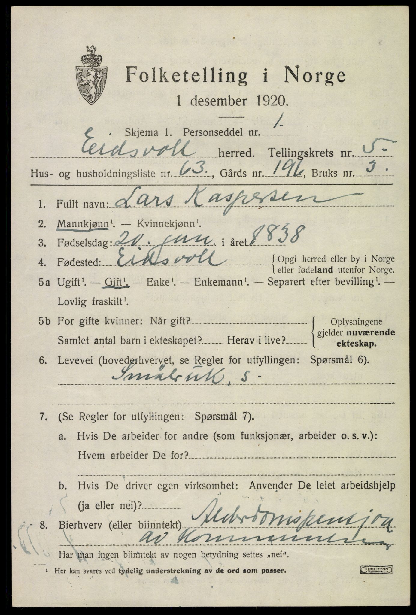 SAO, 1920 census for Eidsvoll, 1920, p. 10735