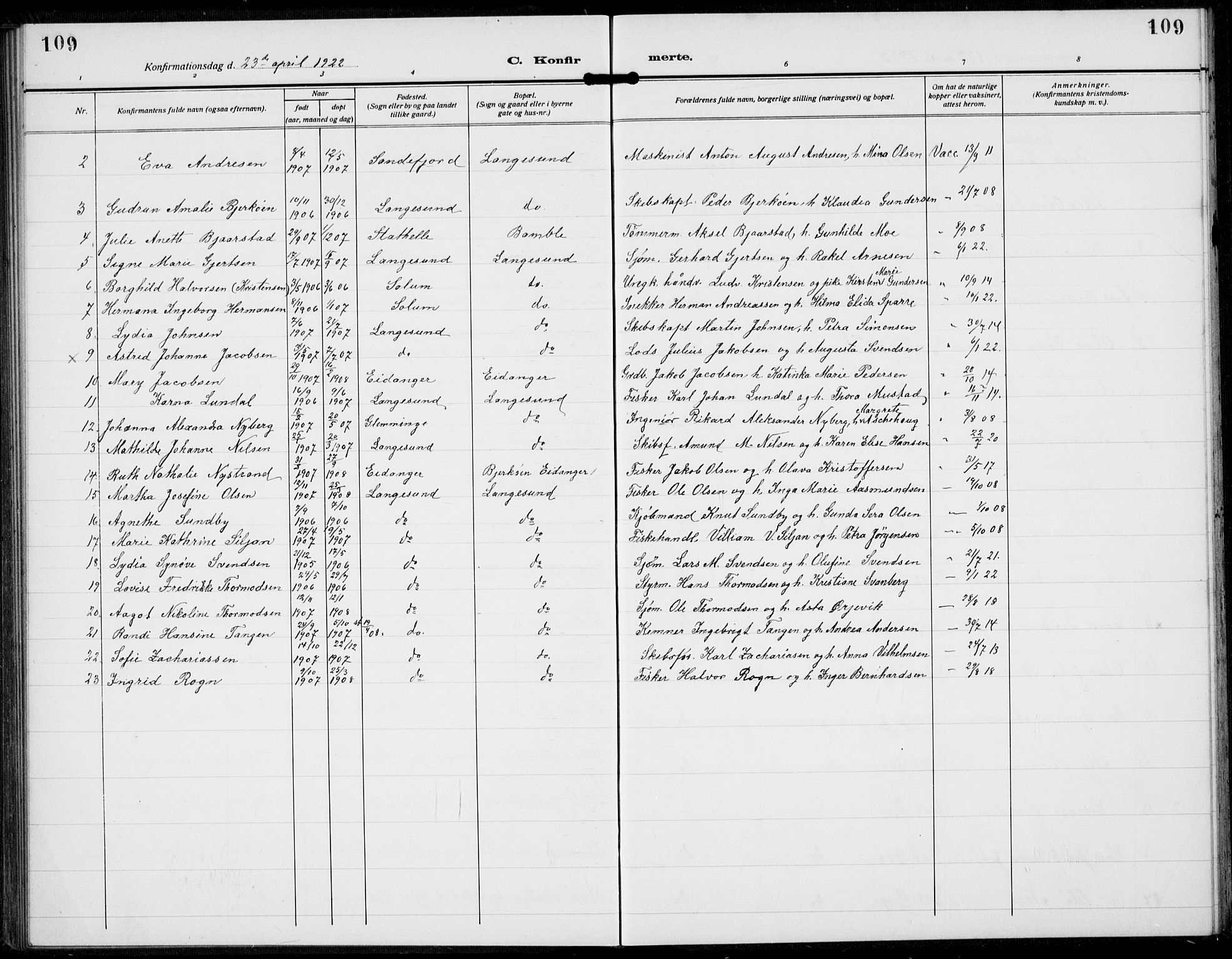 Langesund kirkebøker, AV/SAKO-A-280/G/Ga/L0007: Parish register (copy) no. 7, 1919-1939, p. 109