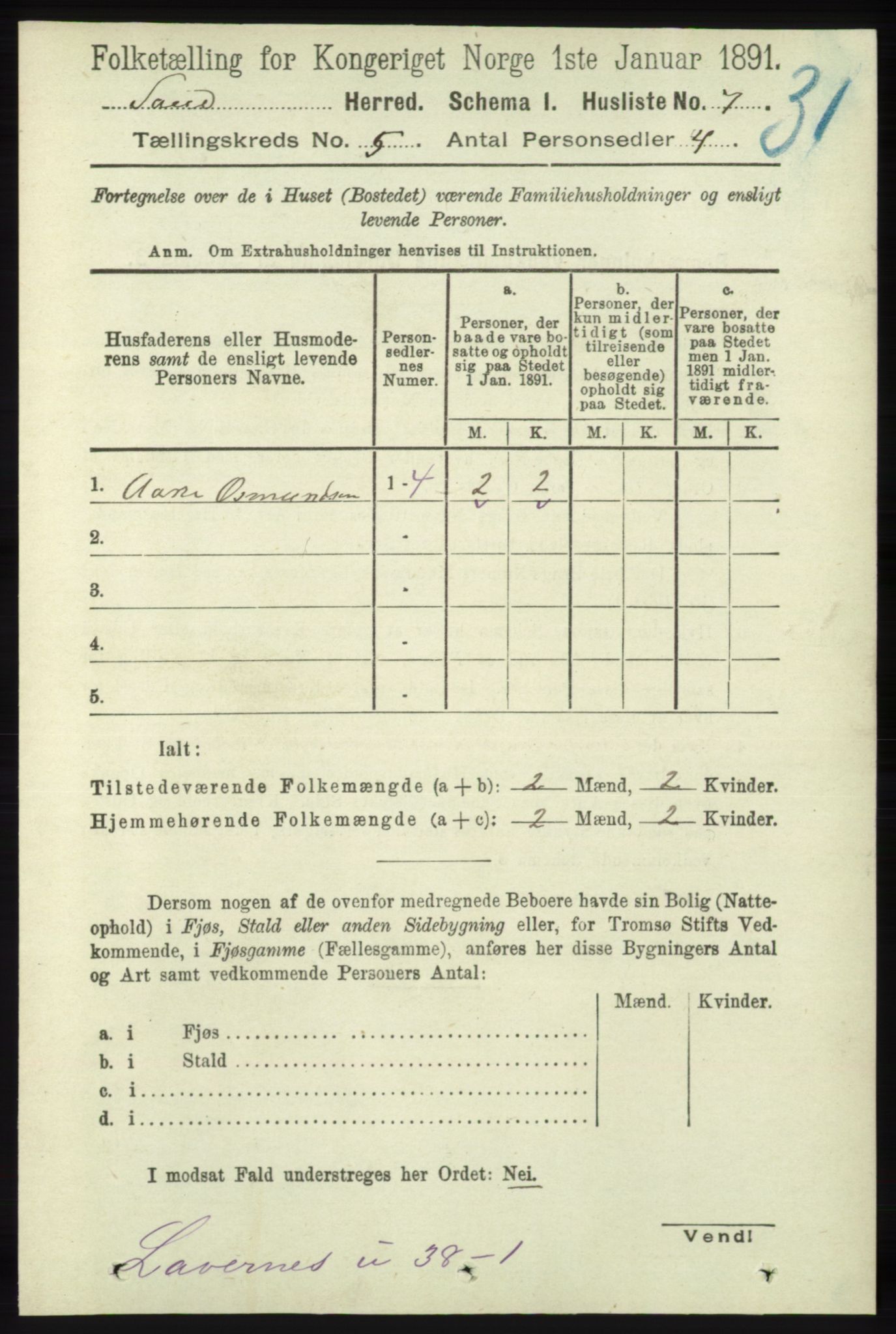 RA, 1891 census for 1136 Sand, 1891, p. 1491