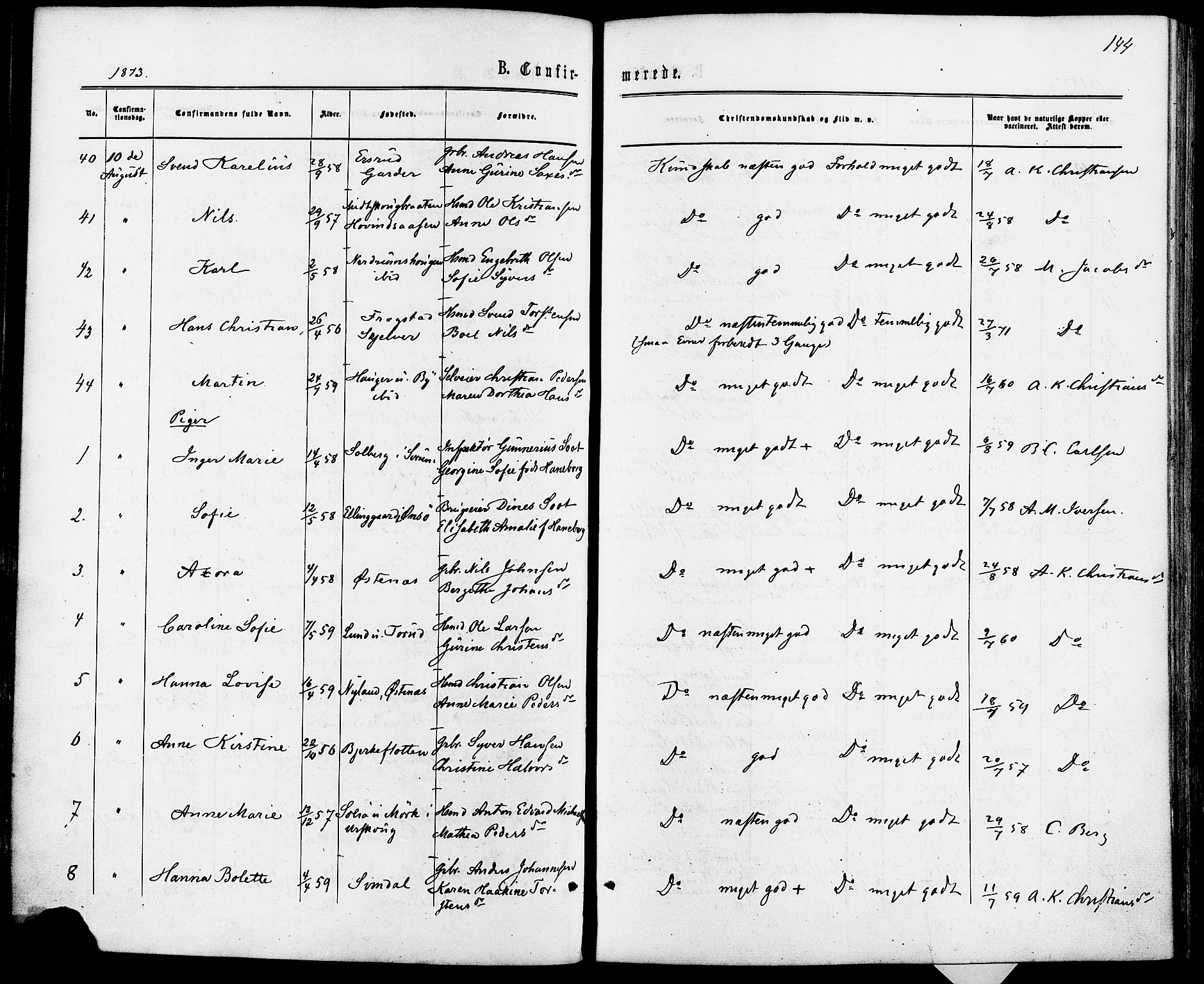 Fet prestekontor Kirkebøker, AV/SAO-A-10370a/F/Fa/L0013: Parish register (official) no. I 13, 1867-1877, p. 144