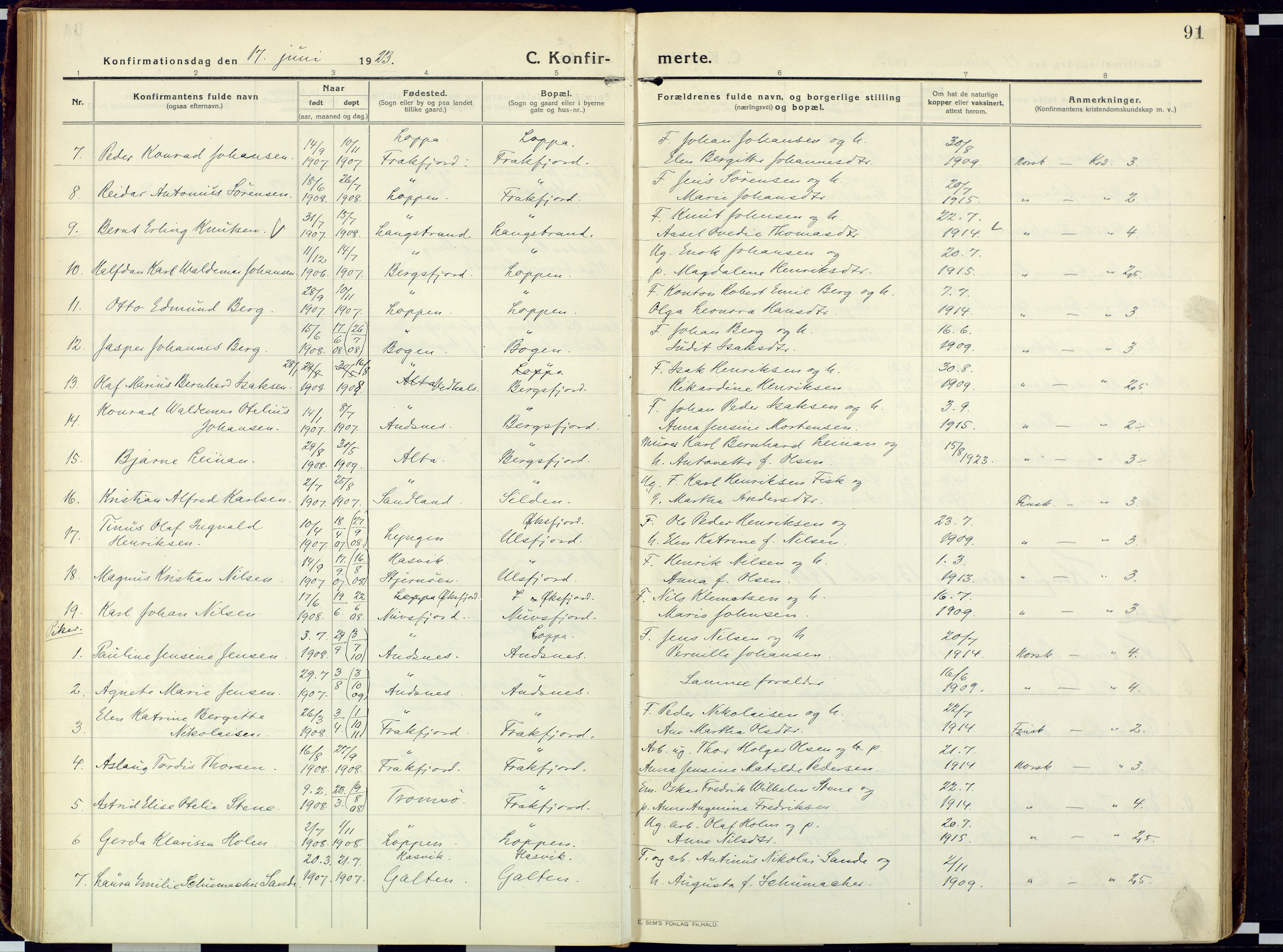 Loppa sokneprestkontor, AV/SATØ-S-1339/H/Ha/L0013kirke: Parish register (official) no. 13, 1920-1932, p. 91