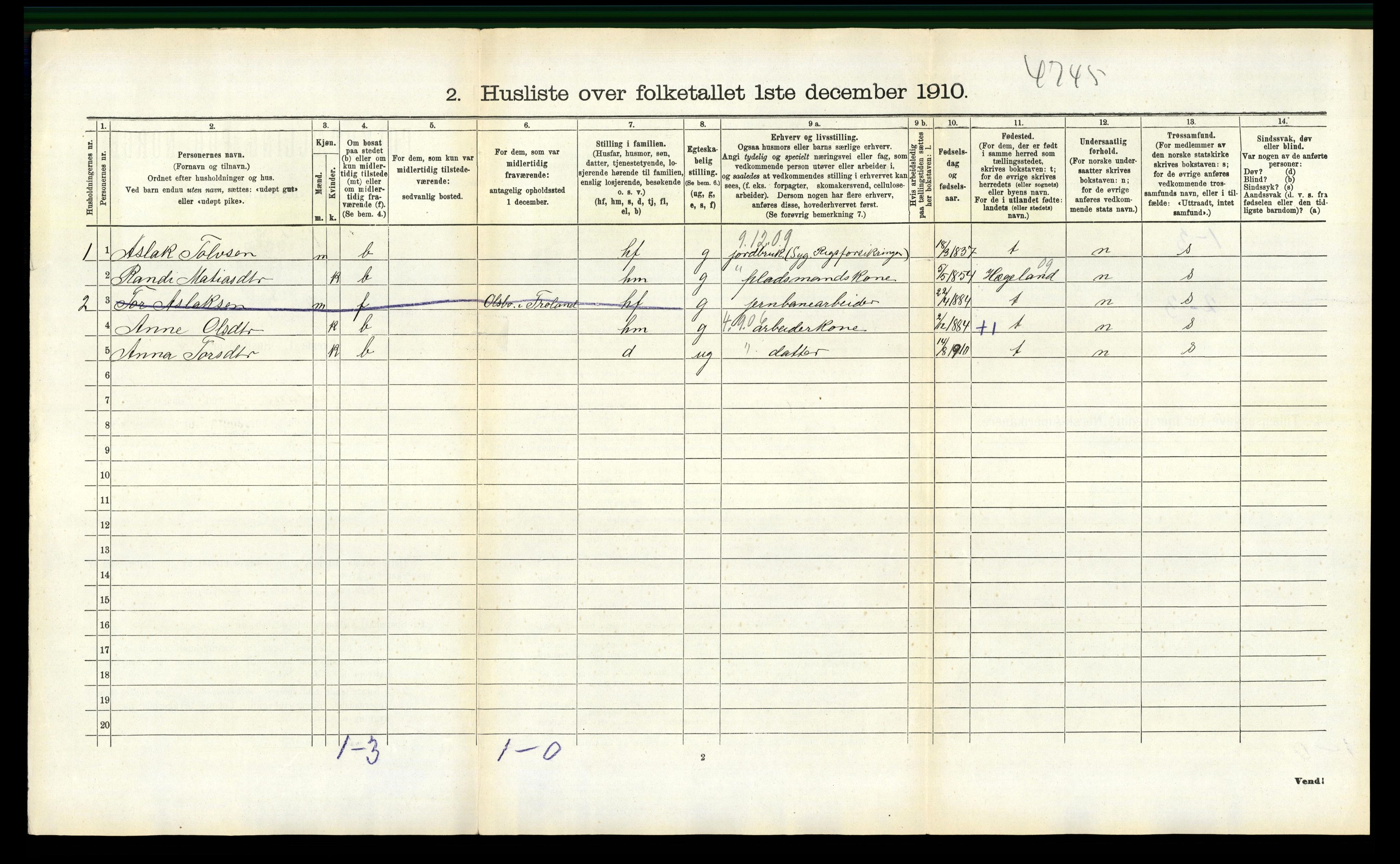 RA, 1910 census for Froland, 1910, p. 239