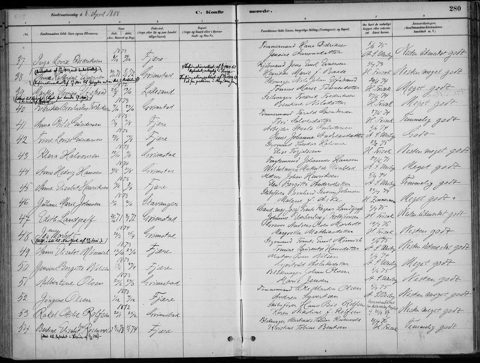 Grimstad sokneprestkontor, AV/SAK-1111-0017/F/Fa/L0003: Parish register (official) no. A 2, 1882-1912, p. 280