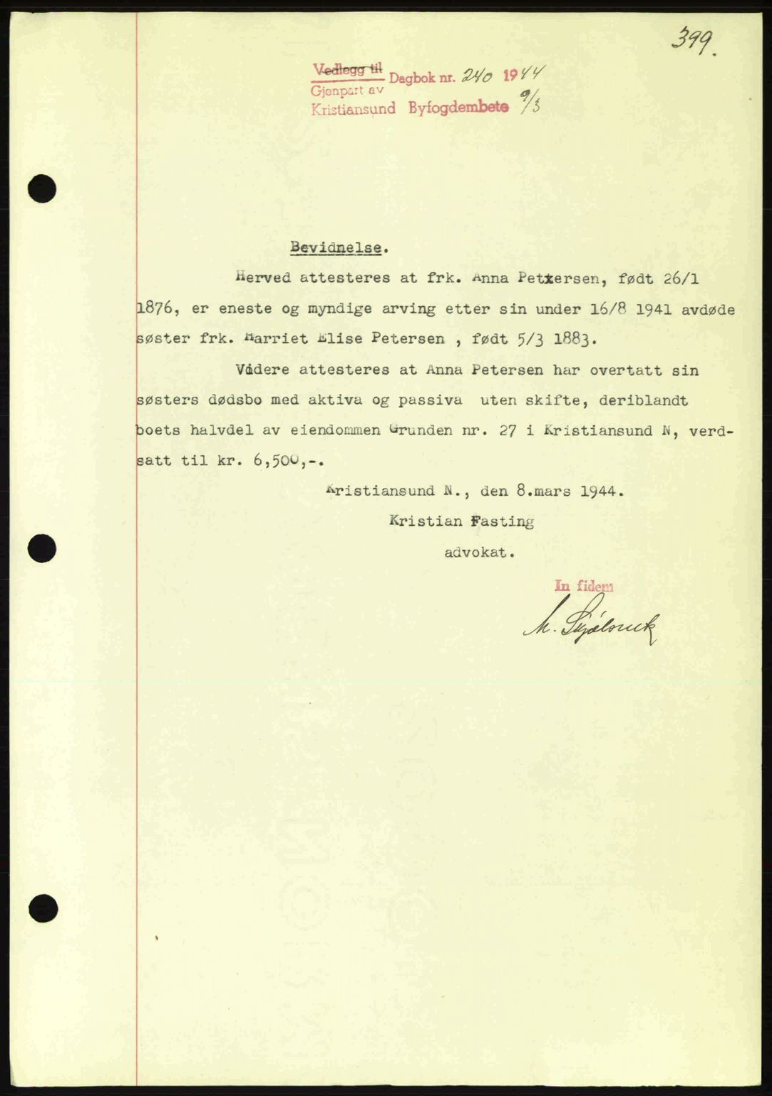 Kristiansund byfogd, AV/SAT-A-4587/A/27: Mortgage book no. 34, 1941-1945, Diary no: : 240/1944