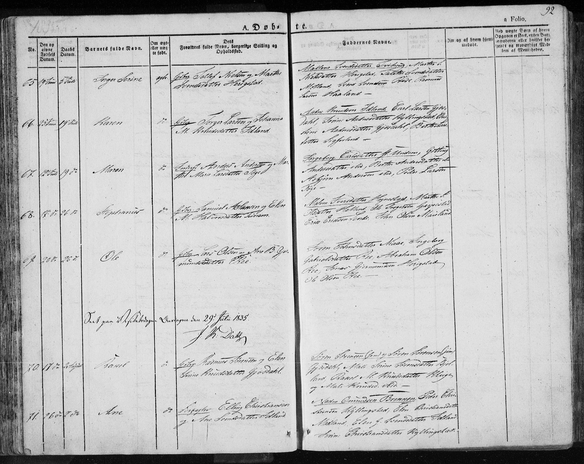 Lye sokneprestkontor, AV/SAST-A-101794/001/30BA/L0004: Parish register (official) no. A 4, 1826-1841, p. 92