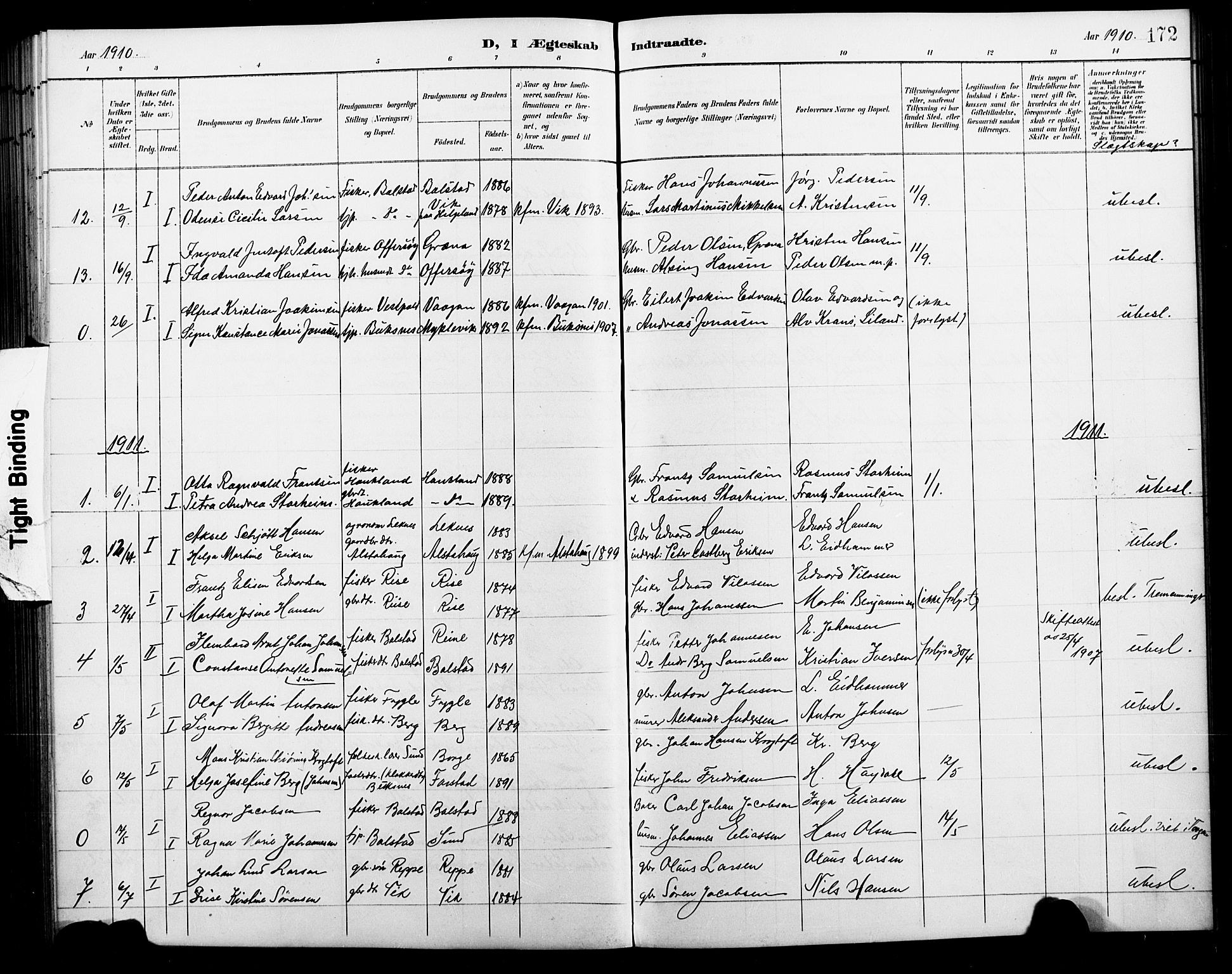 Ministerialprotokoller, klokkerbøker og fødselsregistre - Nordland, AV/SAT-A-1459/881/L1168: Parish register (copy) no. 881C05, 1900-1911, p. 172