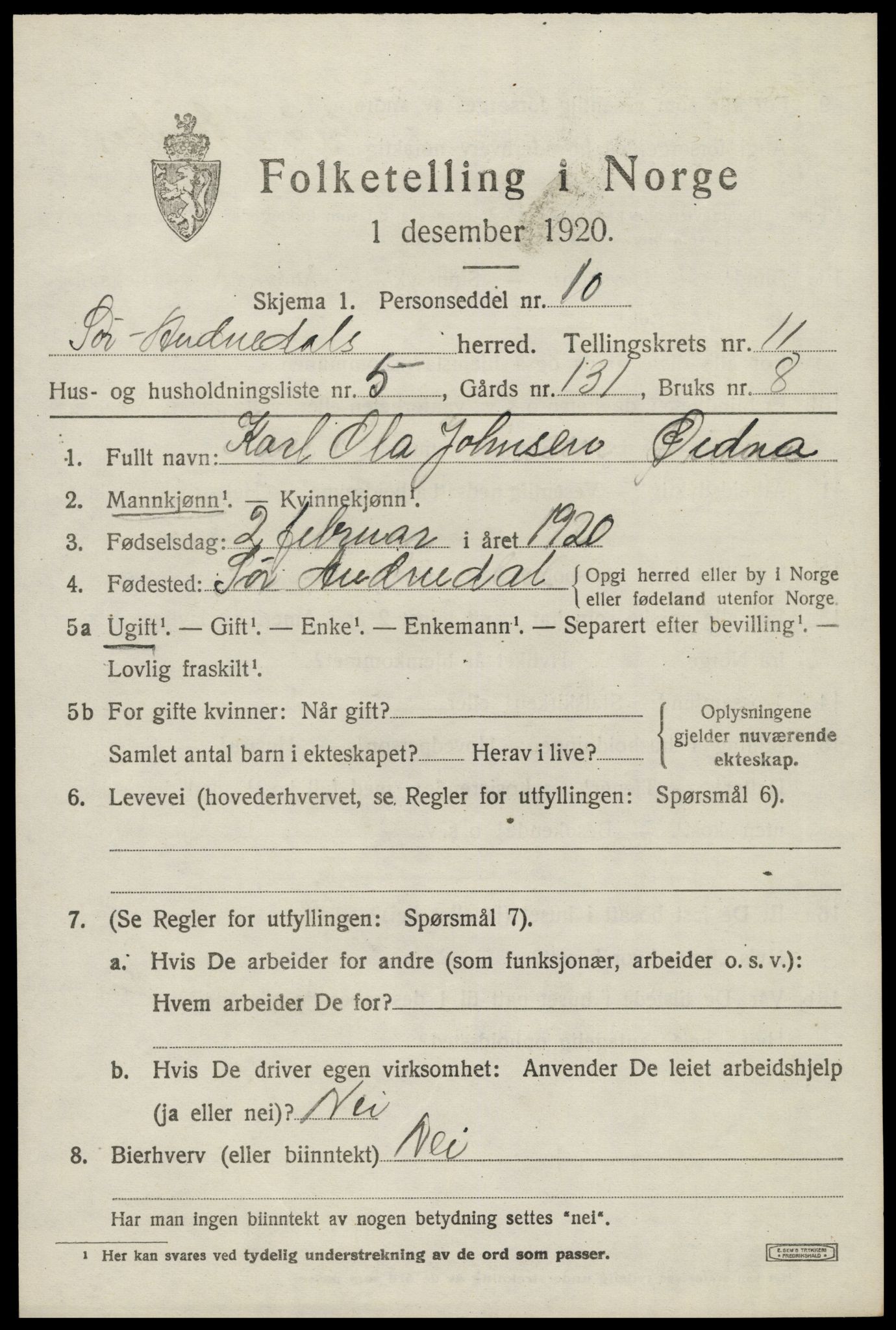 SAK, 1920 census for Sør-Audnedal, 1920, p. 4301