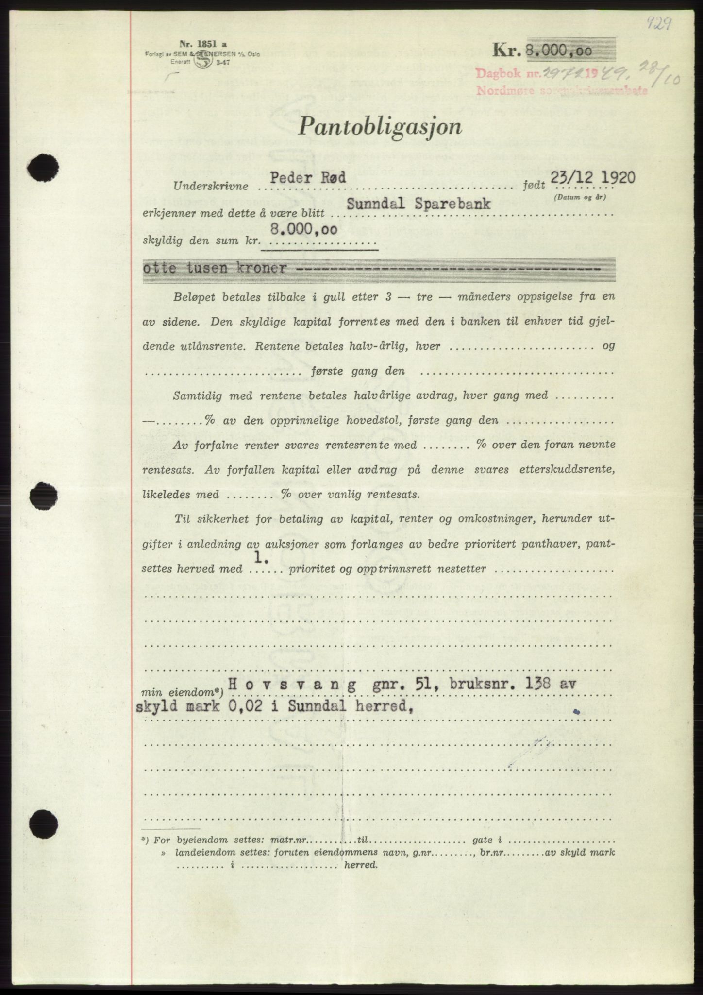 Nordmøre sorenskriveri, AV/SAT-A-4132/1/2/2Ca: Mortgage book no. B102, 1949-1949, Diary no: : 2971/1949