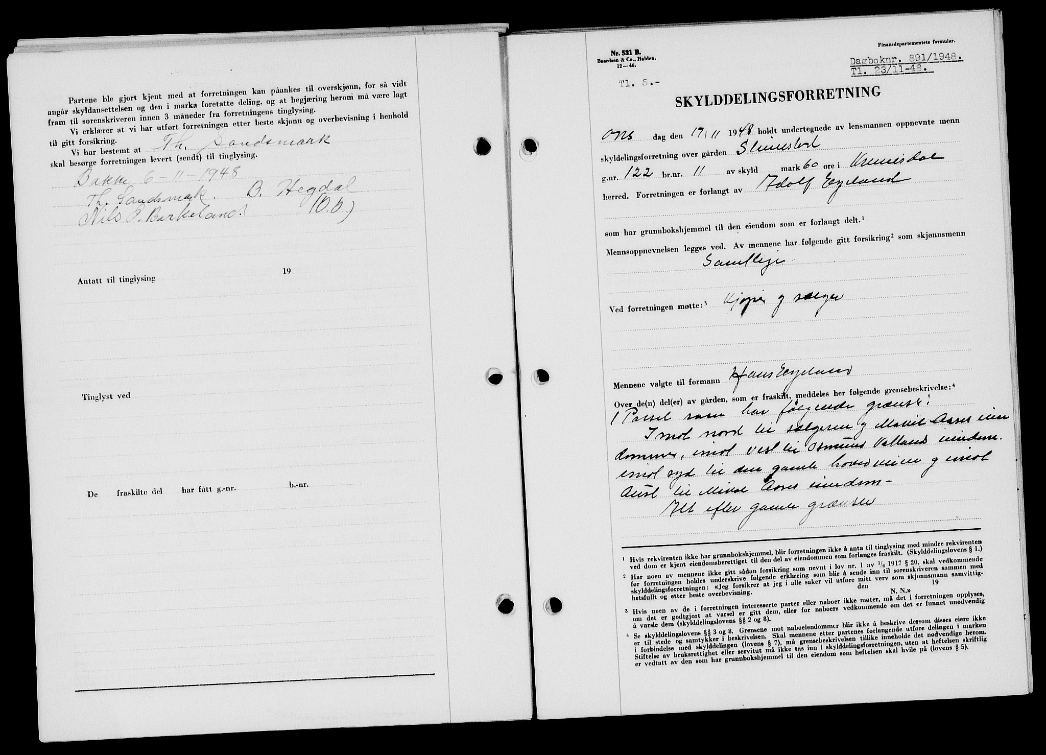 Flekkefjord sorenskriveri, SAK/1221-0001/G/Gb/Gba/L0064: Mortgage book no. A-12, 1948-1949, Diary no: : 891/1948