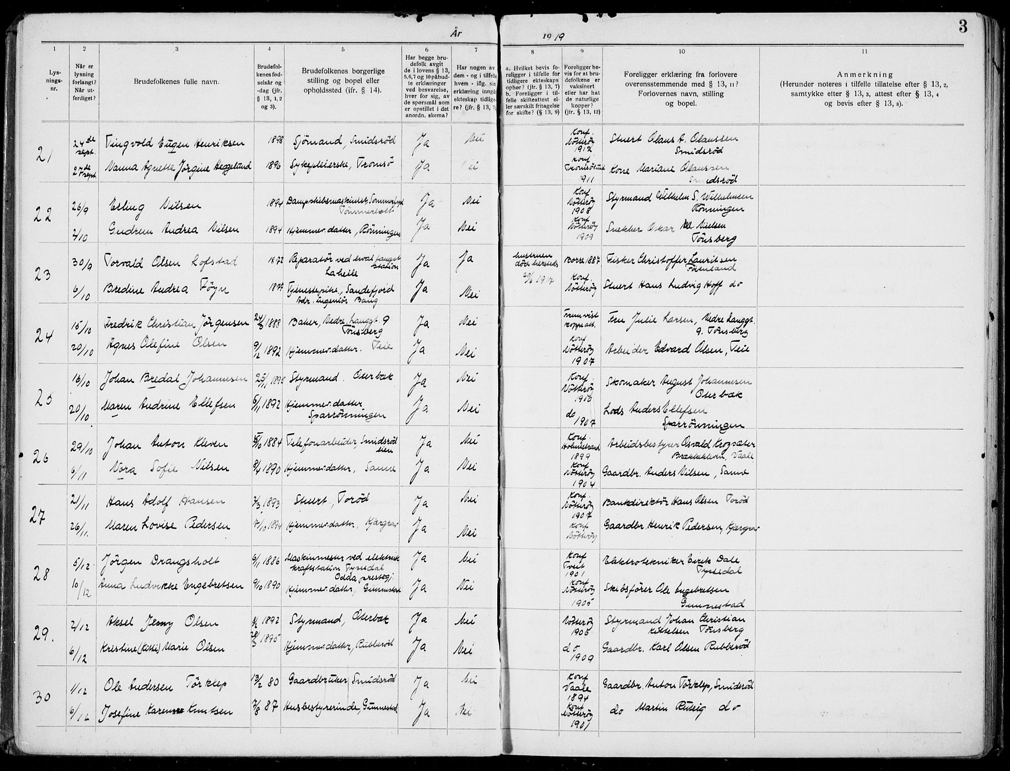 Nøtterøy kirkebøker, AV/SAKO-A-354/H/Ha/L0001: Banns register no. 1, 1919-1937, p. 3
