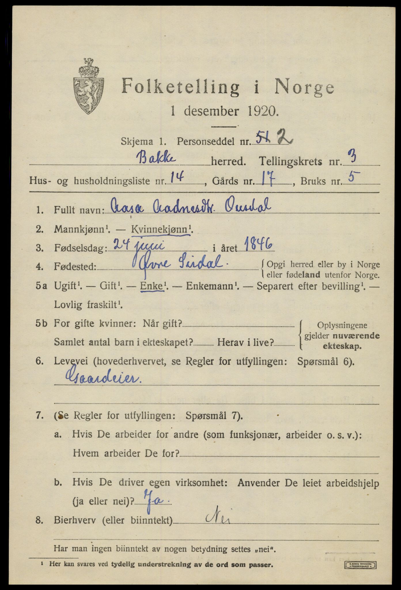 SAK, 1920 census for Bakke, 1920, p. 1082