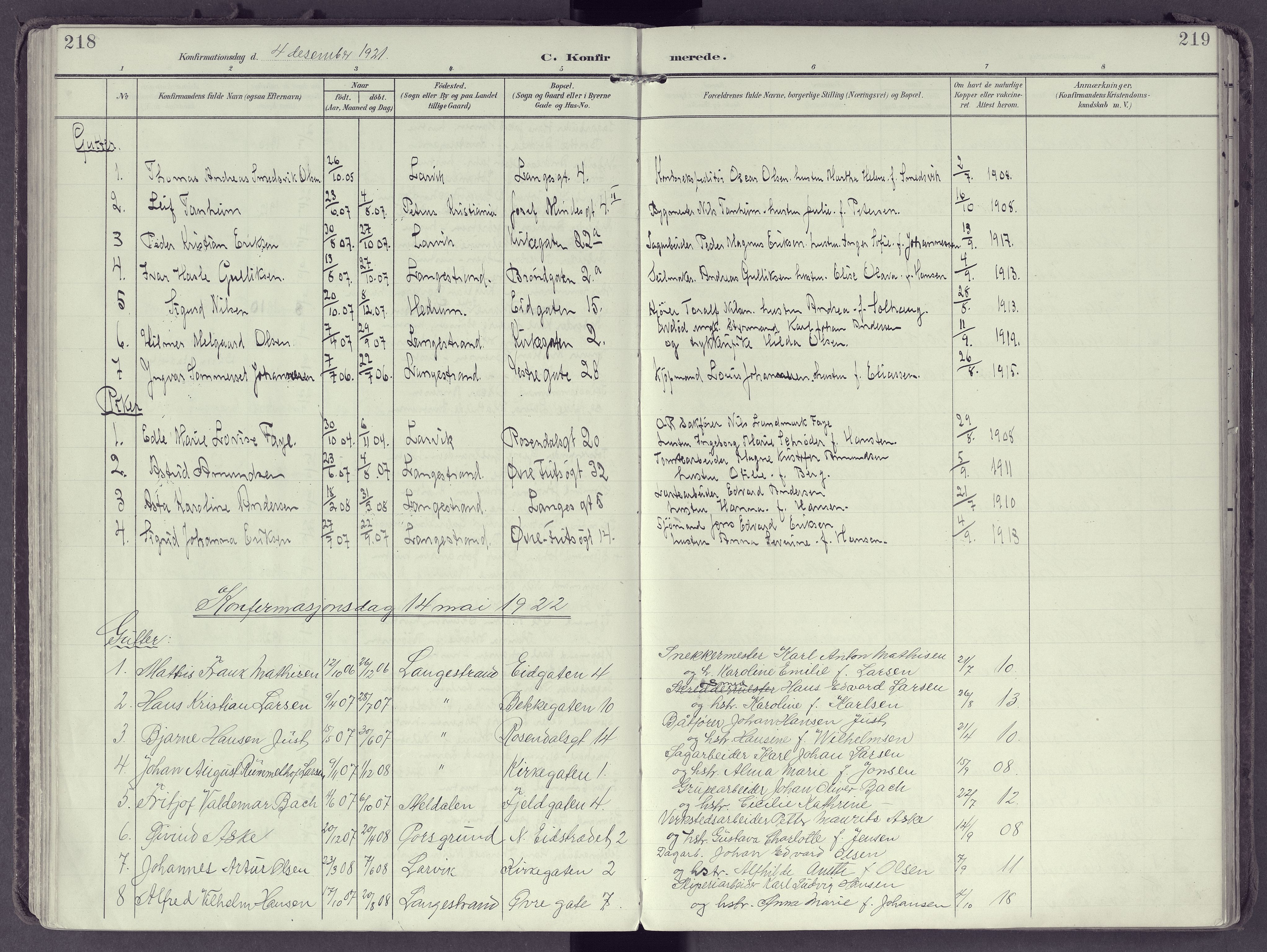 Larvik kirkebøker, AV/SAKO-A-352/F/Fb/L0005: Parish register (official) no. II 5, 1903-1925, p. 218-219