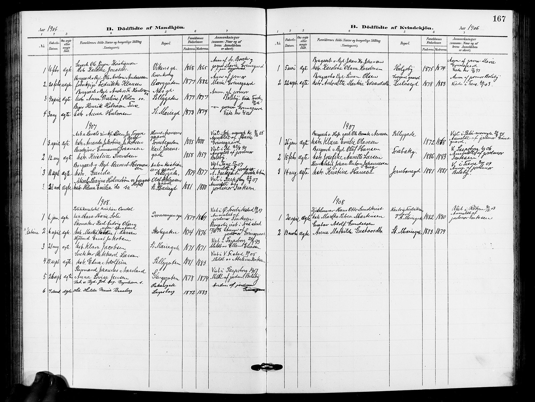 Sarpsborg prestekontor Kirkebøker, SAO/A-2006/G/Ga/L0001: Parish register (copy) no. 1, 1902-1911, p. 167