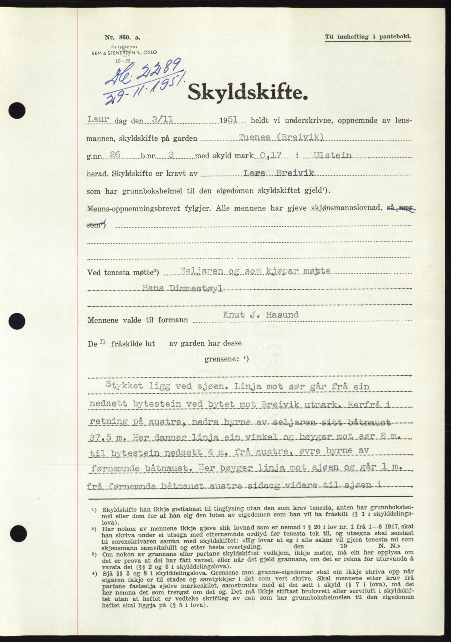 Søre Sunnmøre sorenskriveri, AV/SAT-A-4122/1/2/2C/L0090: Mortgage book no. 16A, 1951-1951, Diary no: : 2289/1951