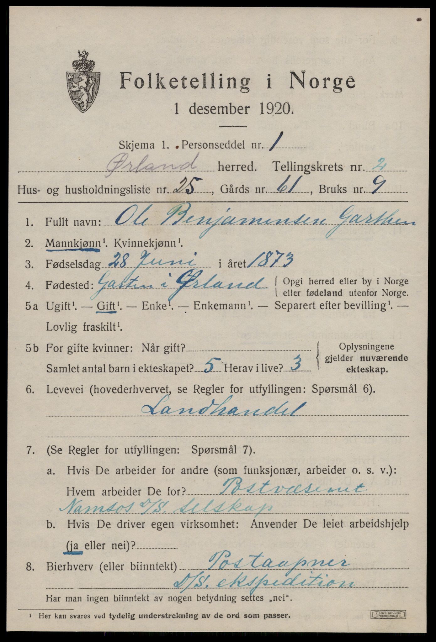 SAT, 1920 census for Ørland, 1920, p. 2463