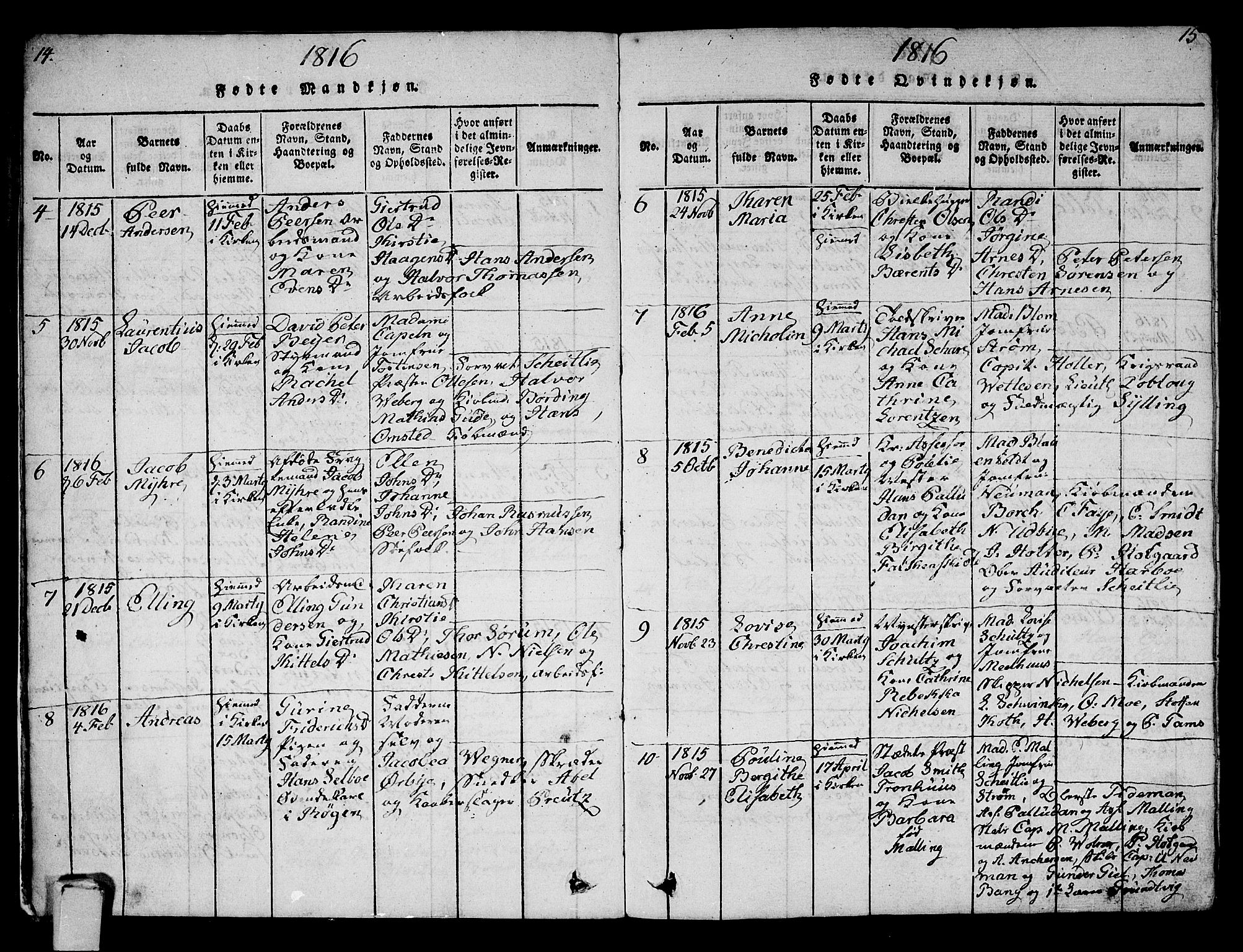 Strømsø kirkebøker, AV/SAKO-A-246/G/Ga/L0001: Parish register (copy) no. 1, 1815-1829, p. 14-15