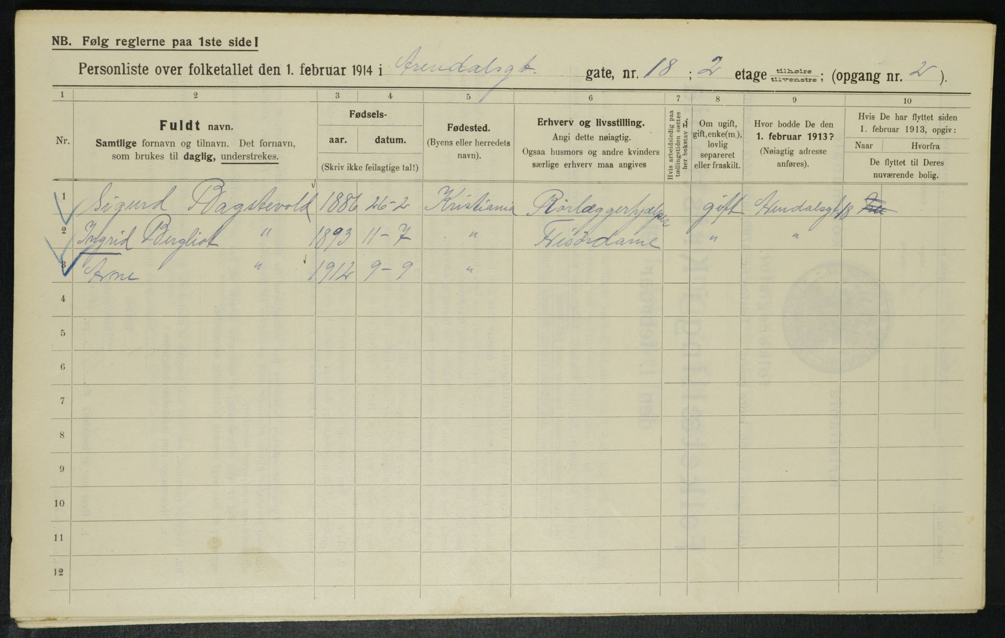 OBA, Municipal Census 1914 for Kristiania, 1914, p. 2113