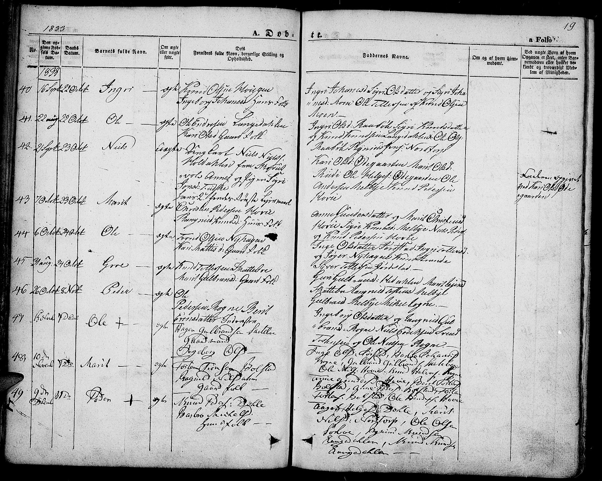 Slidre prestekontor, SAH/PREST-134/H/Ha/Haa/L0004: Parish register (official) no. 4, 1831-1848, p. 19