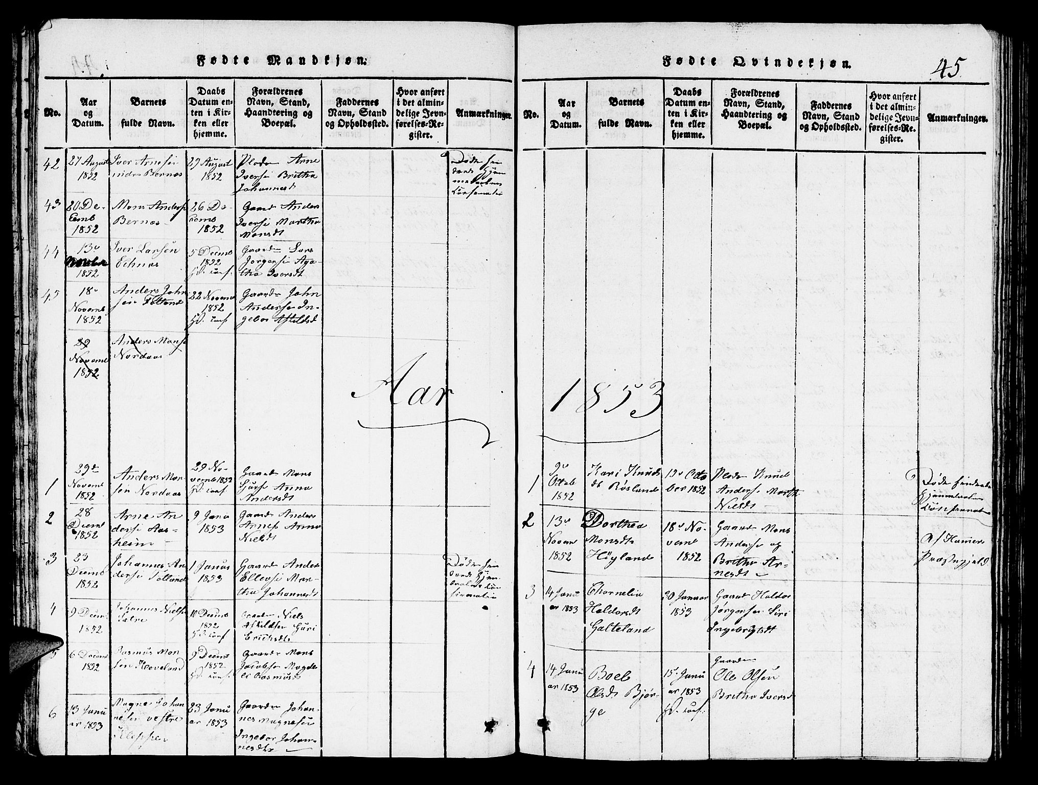 Hosanger sokneprestembete, AV/SAB-A-75801/H/Hab: Parish register (copy) no. A 1 /1, 1816-1856, p. 45