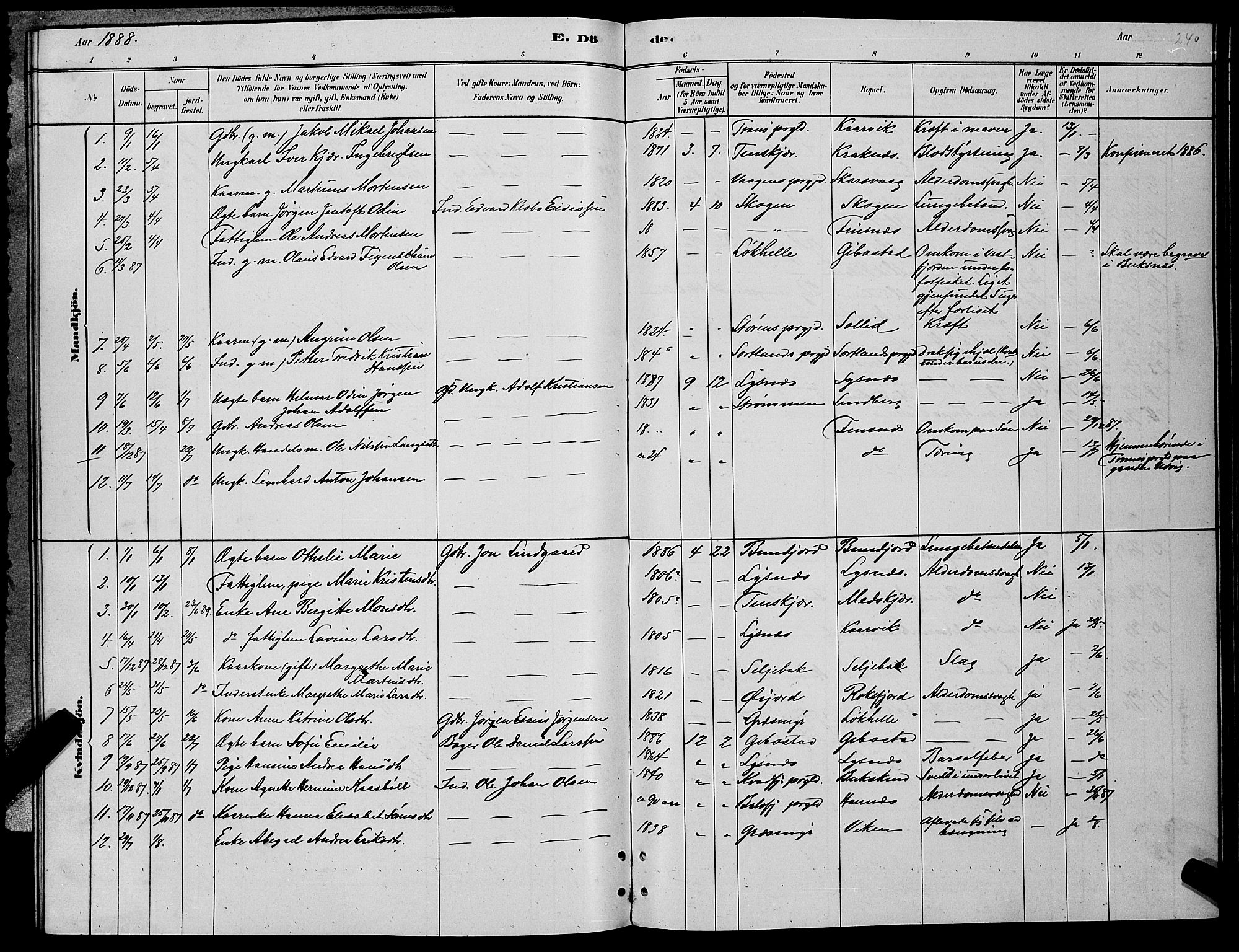 Lenvik sokneprestembete, SATØ/S-1310/H/Ha/Hab/L0006klokker: Parish register (copy) no. 6, 1881-1889, p. 240