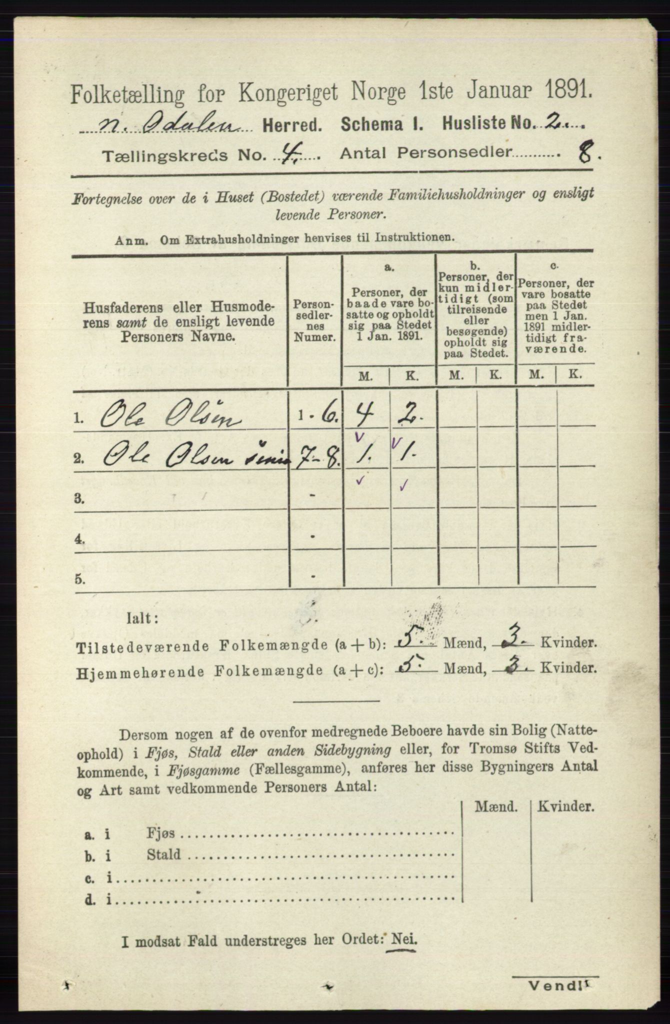 RA, 1891 census for 0418 Nord-Odal, 1891, p. 1231